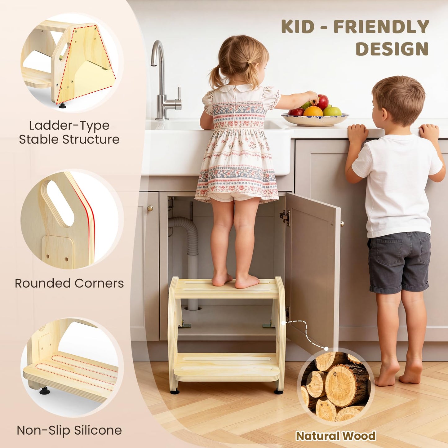 Hidden Toddler Step Stool, Height-Adjustable Kids 2-Step Stools, Wooden Step Stool for Toddlers for Bathroom Sink & Kitchen, Bathroom