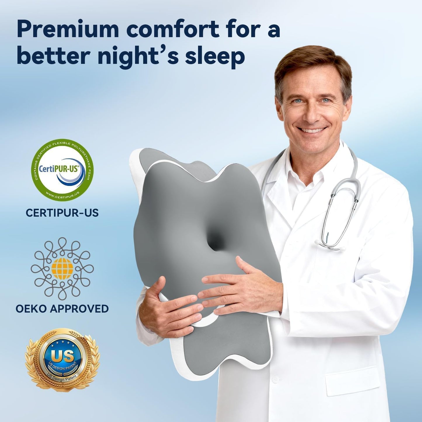 Sleep Apnea Pillow with Neck Pain & Snoring Relief -Orthopedic Cervical Pillow, Ergonomic Contour Memory Foam for Side, Back,Stomach Sleepers, Medium Firm (Darkgrey, Queen Size 25" lx15 wx5.8 h)