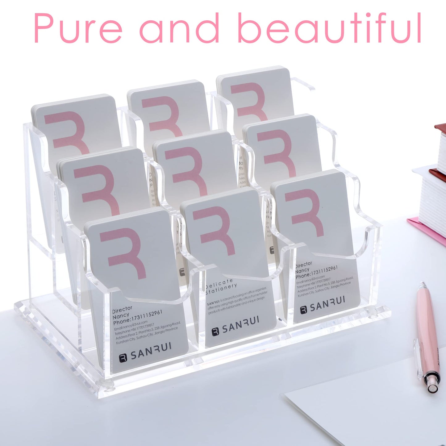 SANRUI Vertical Business Card Holder for Desk，Clear Acrylic Business Card Display Stand，9 Slots 3 Tier ，Holds 450 Cards