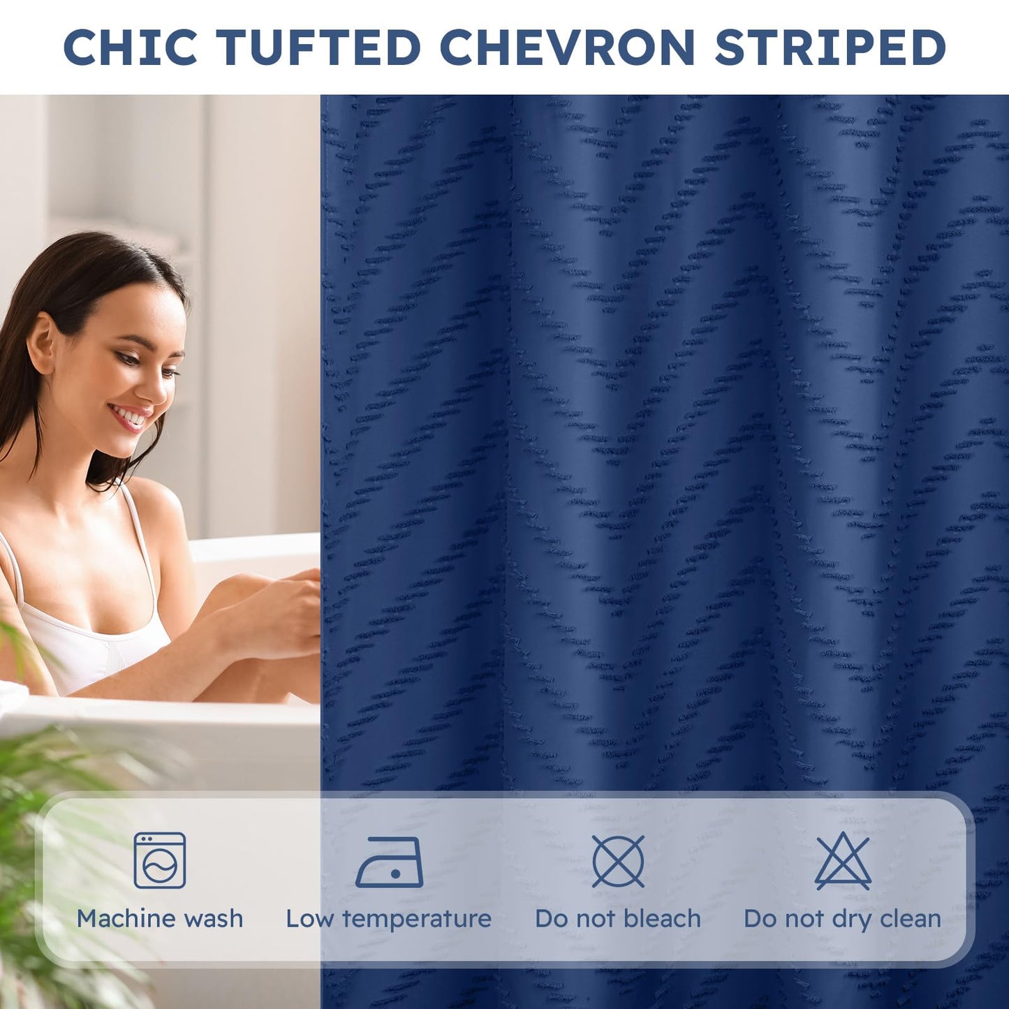 FADOTY No Hook Shower Curtain and Snap in Liner Set Navy Blue Tufted Chevron Striped Cloth Waterproof Washable Fabric Boho Bath Curtain with See Through Mesh Top Window for Bathroom Hotel 71" x 74"