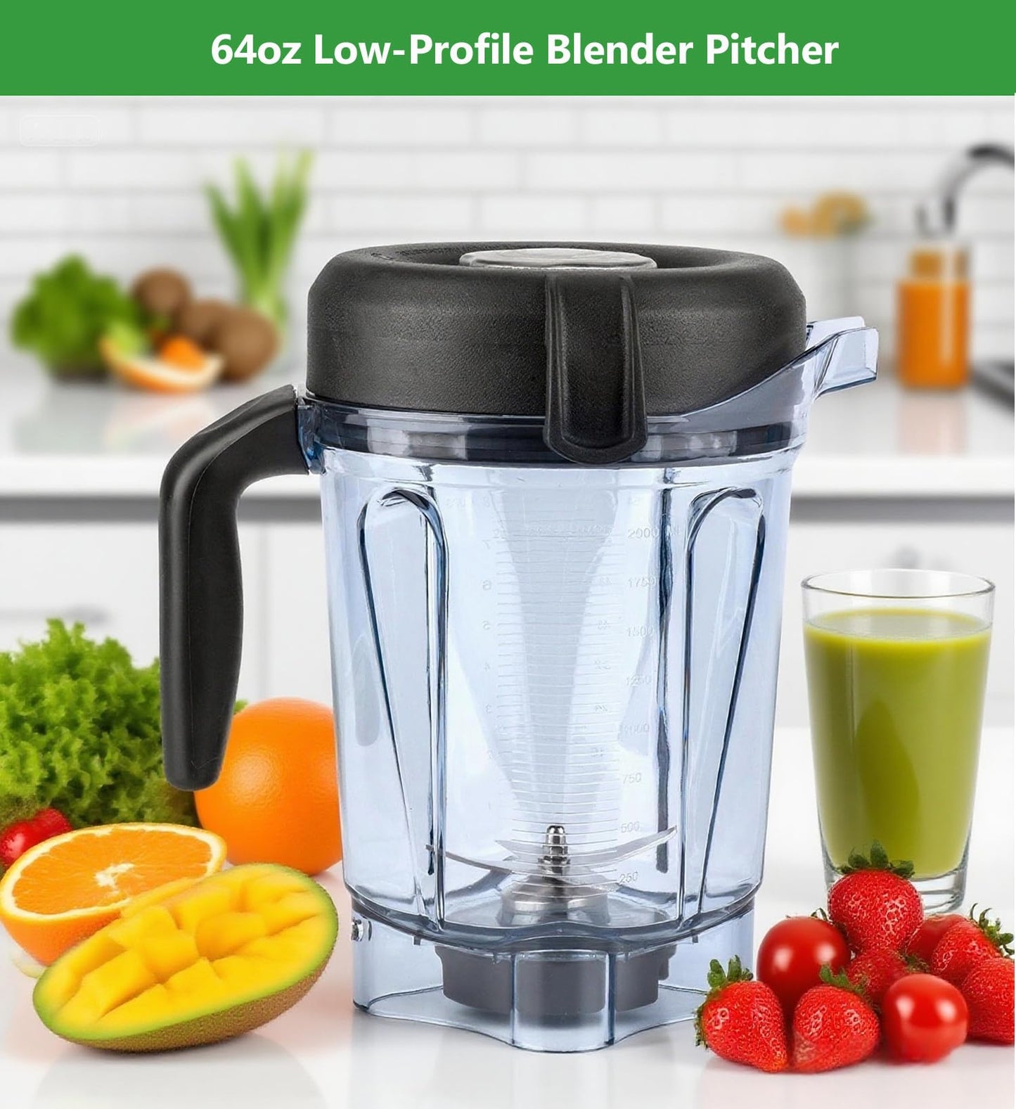 Blender Pitcher 64oz Low-Profile, Replacement Pitcher Container Jar Cup Compatible with 750, 5200, 5000, 6300, 7500, 7800, Vm0102, Vm0103, Vm0197, E310 Classic/Explorian/Commercial Series
