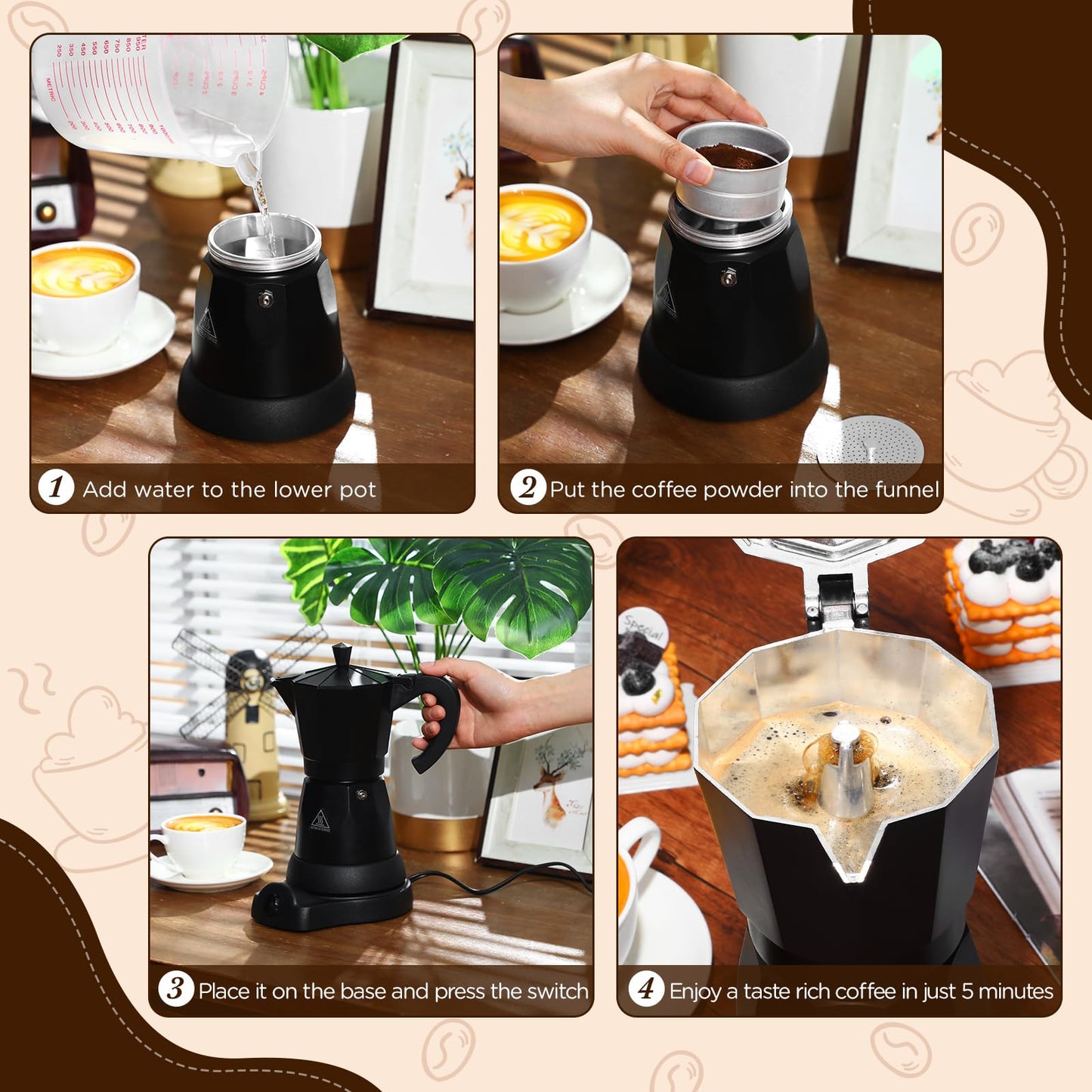 Lemosae Coffee Pot 6 Cup Electric Espresso Coffee Maker Italian Moka Maker 300ml Portable Aluminum Espresso Machine Cafetera Moka Pot with Detachable Base, Gift for Home Travel(Black)