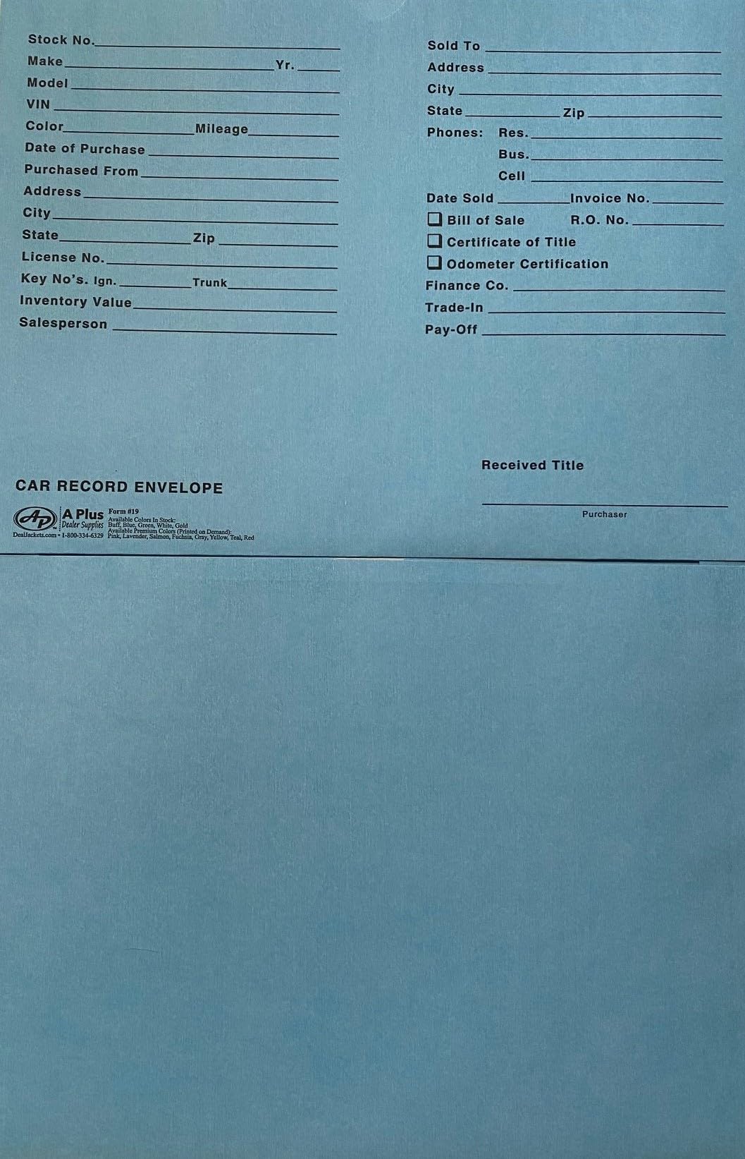 A Plus Car Record Envelope #19 Vehicle Dealer Jackets, 100 Quantity, Blue (P15)