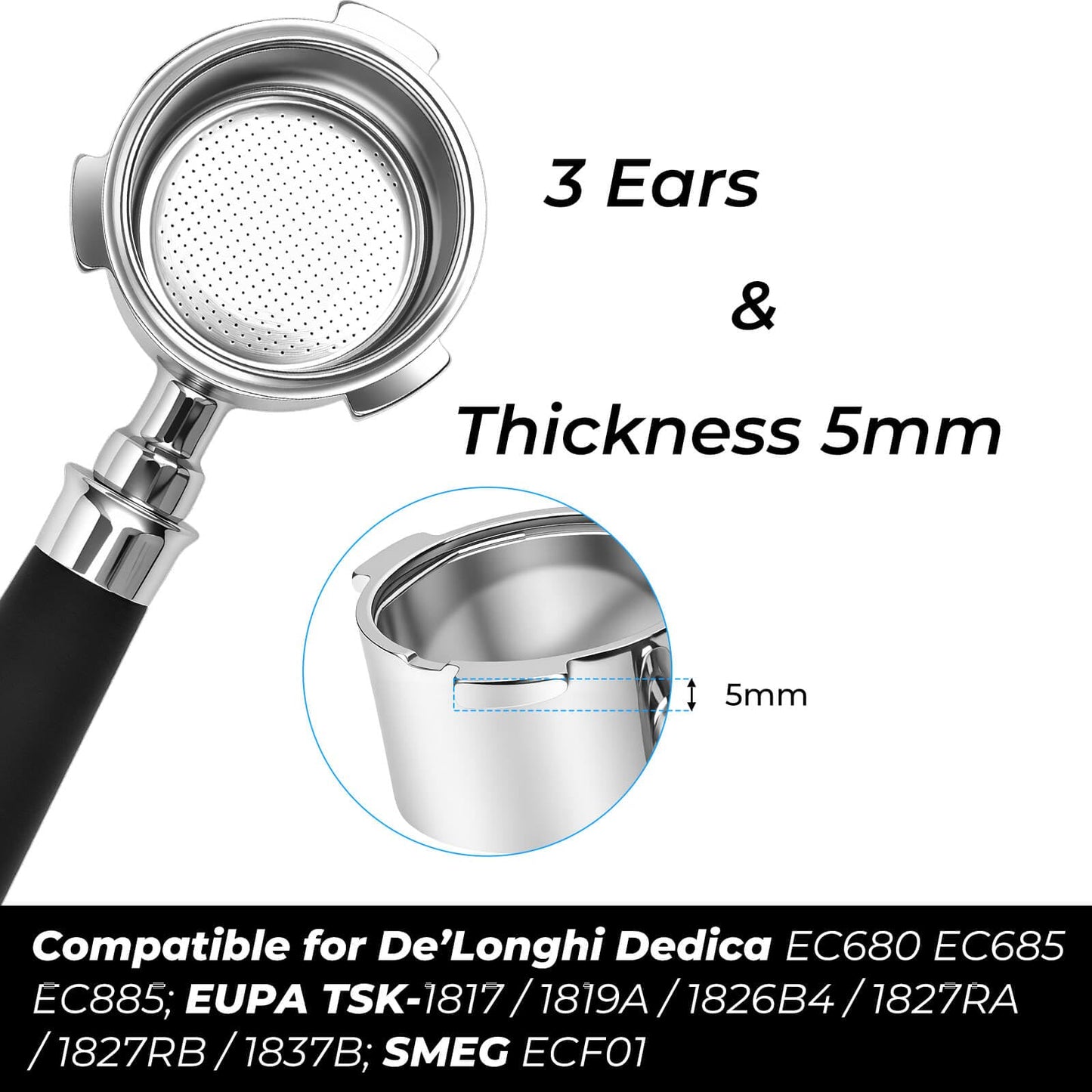 51mm Bottomless Portafilter 3 Ears Fits for Delonghi Dedica EC685, EC785, EC885, EC820, EC850, EC860, EC890, EC680 und SMEG and SMEG, Includes Puck Screen, WDT, Dosing Funnel, Double Shot Basket