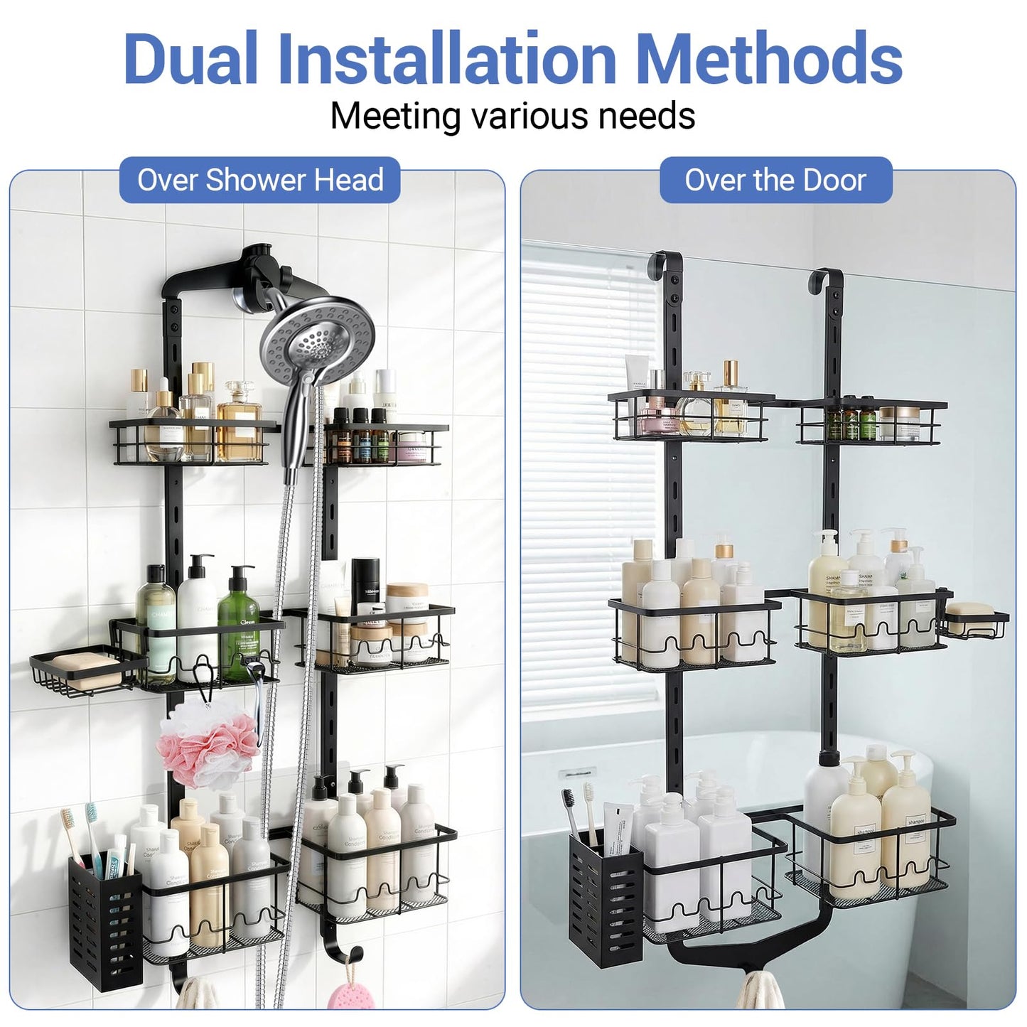 Marovitax Extra Large Shower Caddy Hanging, Rust-Resistant Shower Organizer Hanging, 3 Tier Height-Adjustable Over the Head Caddy, Rack with Soap Basket (Black)