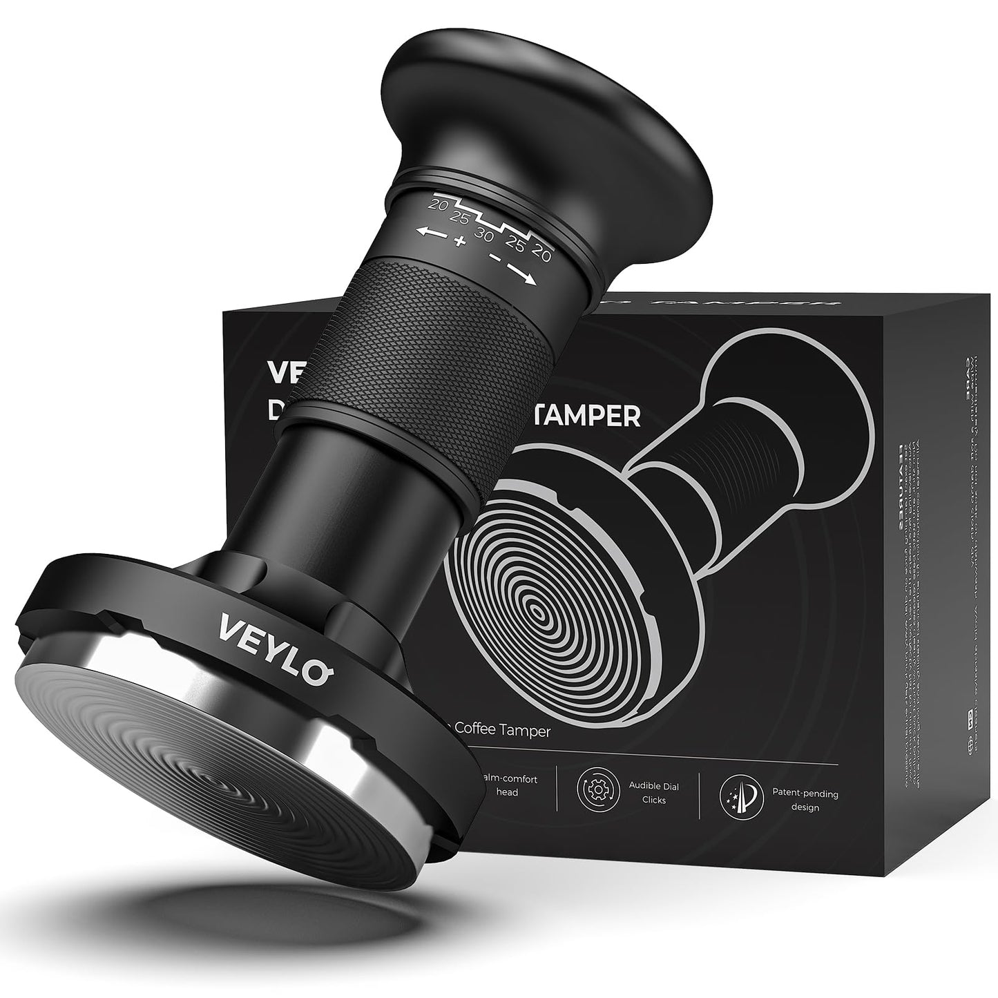 VEYLO 54mm Espresso Tamper (53.3mm Base), Adjustable 20-30 lb Coffee Tamper with Audible Click Feedback, 24-Click Precision Dial, 20/25/30 lb Marks, No Spring Swap, Stainless Steel Flat Base, Black