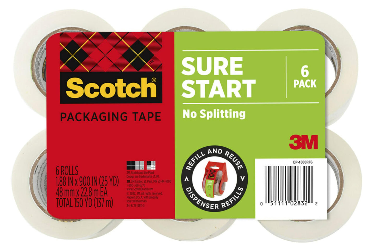 Scotch DP-1000RF63PK Sure Start Packing Tape,1.88 in. x 25 yd., 1.5" Core (Pack of 3, 18 Total Rolls, Transparent)