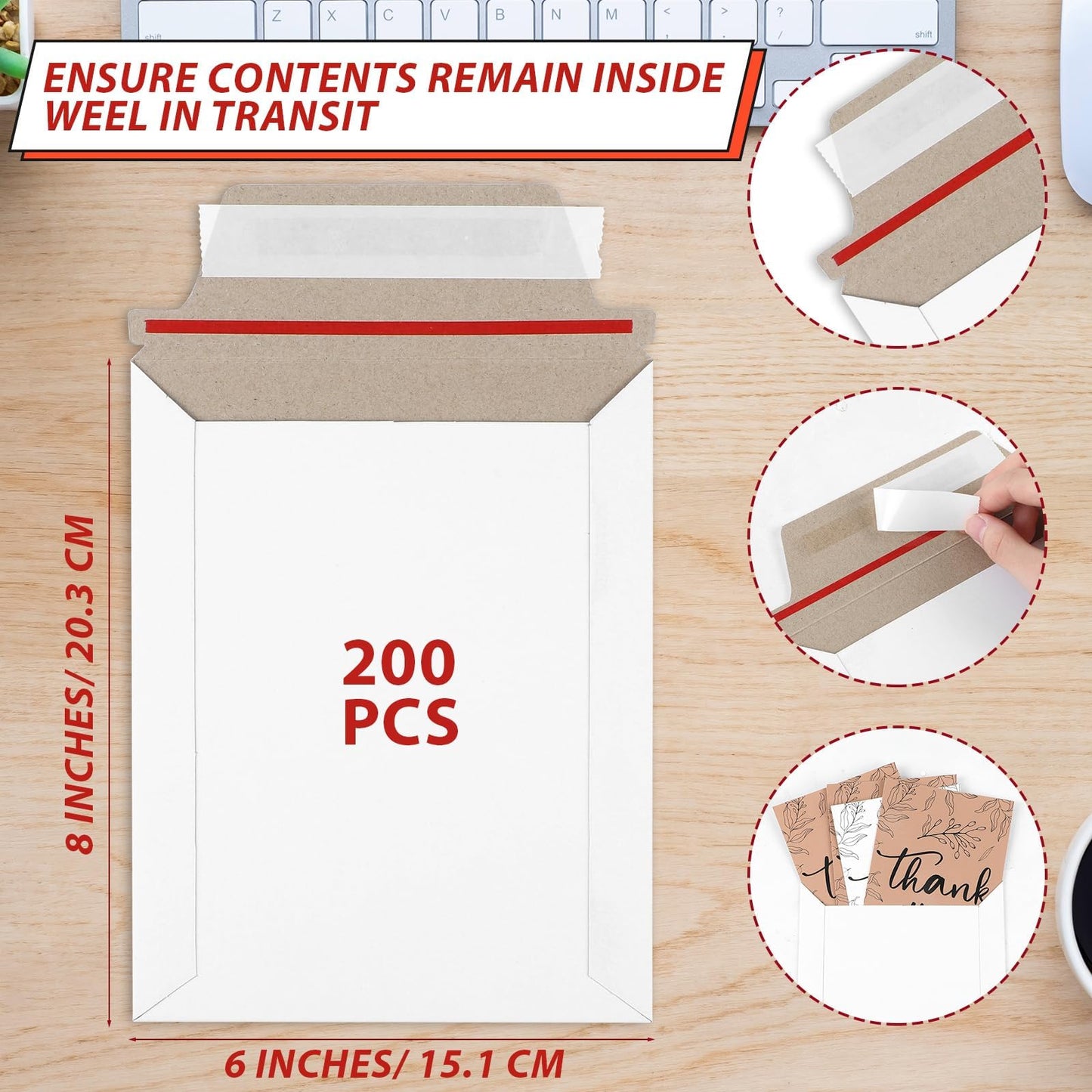 party greeting 200 Pcs 6 x 8 Inch Rigid Mailers Self Adhesive Stay Flat Rigid Envelopes Cardboard Mailers Mailing Envelopes for Protecting Shipping Photo CD Documents Gift Cards
