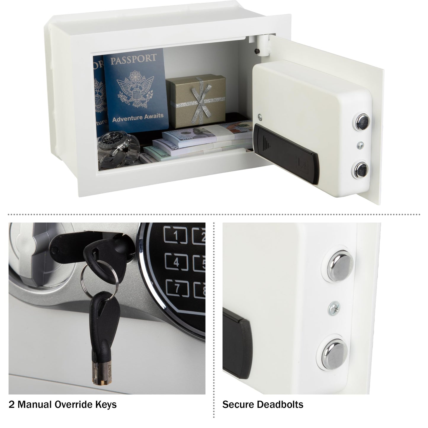 Wall Safe - Digital Safety Box with Passcode for Quick Access and Backup Key - Personal Safe for Cash or Jewelry - Wall Safes by Paragon (White)