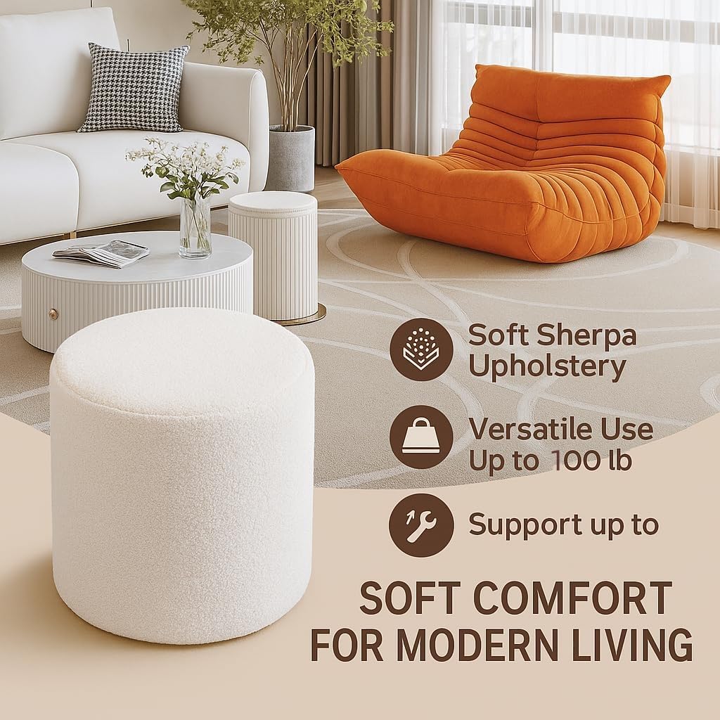 KKdema White Round Ottoman Foot Rest Stool – Clean Boucle Fabric Footstool with Soft Foam Filling, Lightweight Modern Pouf for Minimalist Living Room, Bedroom, Office – Pure White