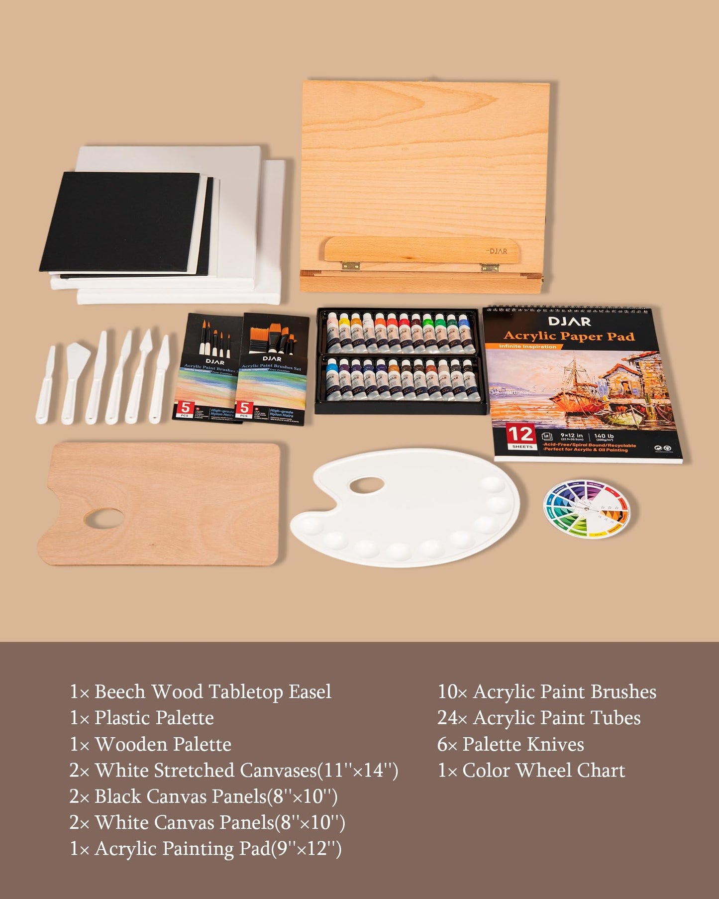 DJAR 49 pcs Acrylic Paint Set with Tabletop Easel Box, 24 Acrylic Paint Colors, Sketchbook, Painting Pads, and Complete Acrylic Art Supplies Kit for Adults, Teens, and Beginners