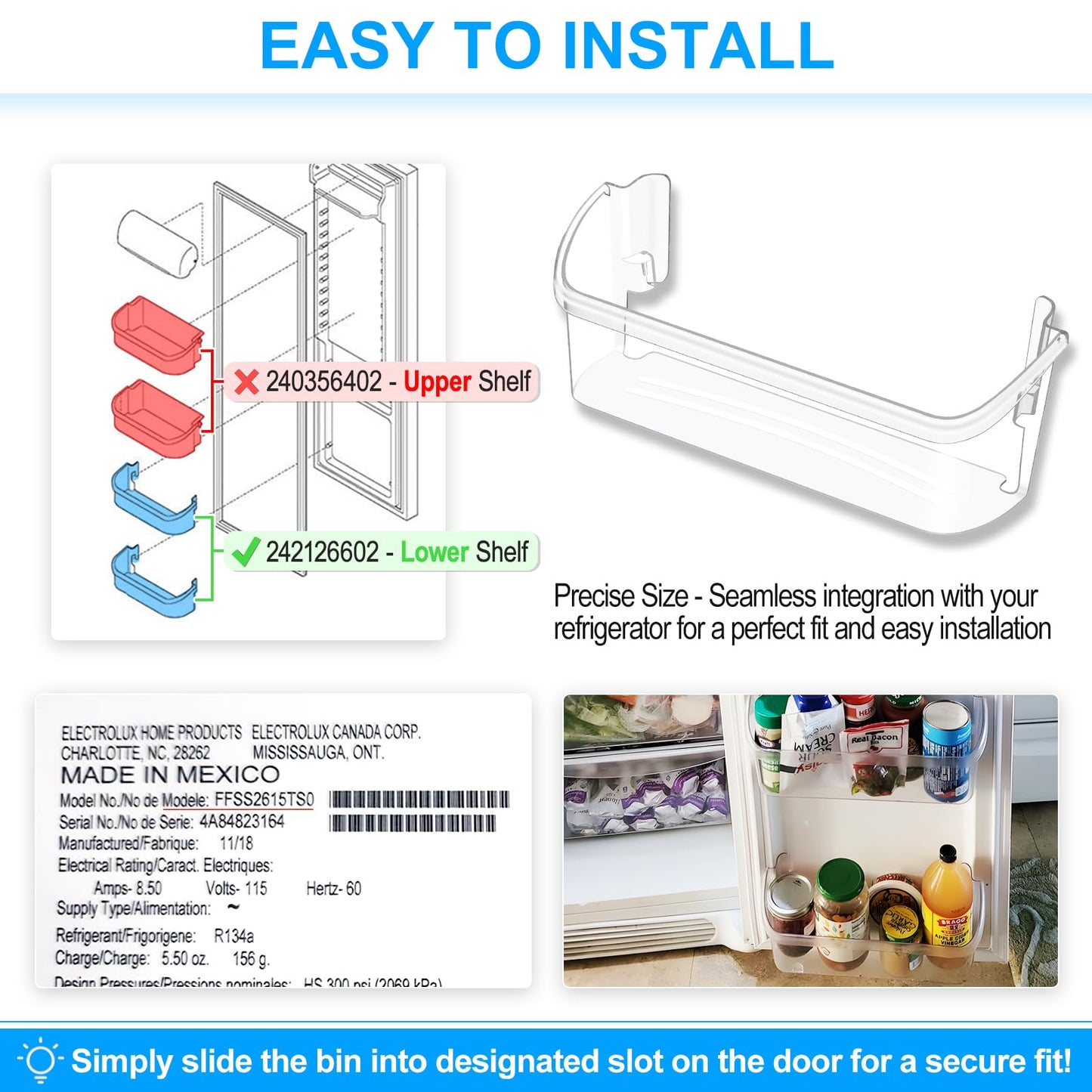[2 PACK] UPGRADED 242126602 Refrigerator Door Bin Shelf Replacement For Frigidaire Door Shelf Replacement -LFSS2612TF0 LFSS2612TF4 Frigidaire Door Bin Bottom Shelf Parts 2421266 PS12364199 Shelves