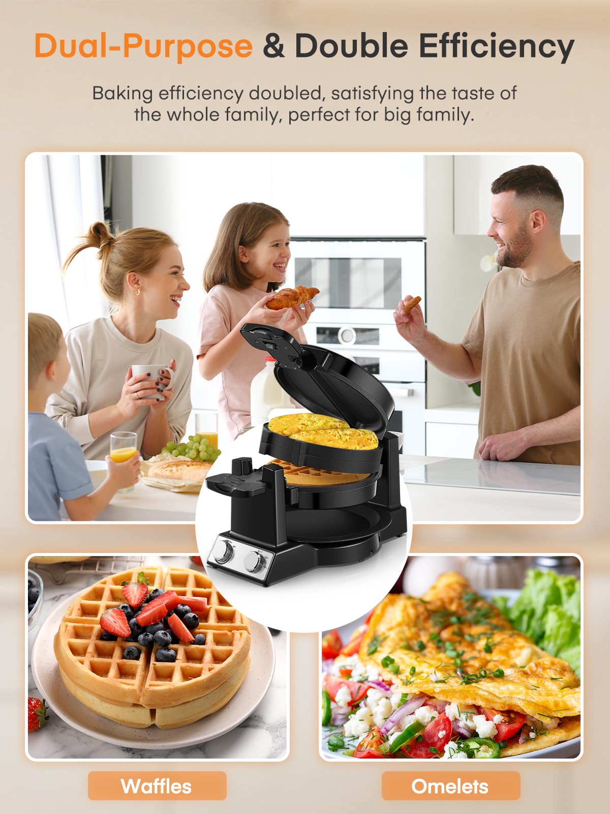 FOHERE 2-in-1 Omelette Maker&Waffle Maker, 1400W Omelet Maker 180° Flip, Adjustable Browning Control, Non-Removable & Nonstick Pans, Make Two Omelet and One Waffle at Once for Home (Dark Black)