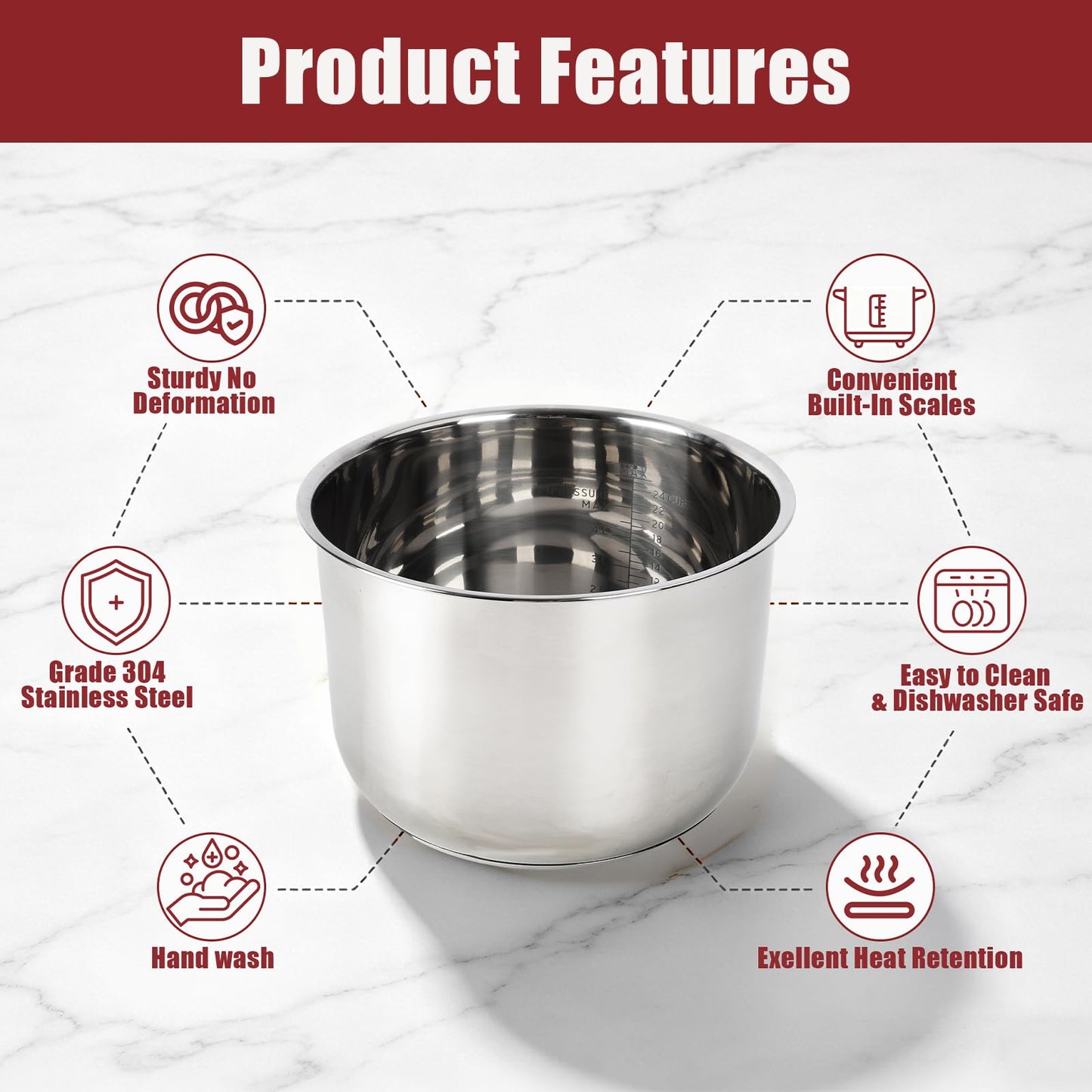 Stainless Steel Inner Pot Compatible with Ninja Foodi 8Qt, Food Grade 304 Replacement Insert Liner, Thick Bottom Even Heating Non-Toxic Pressure Cooker Accessory