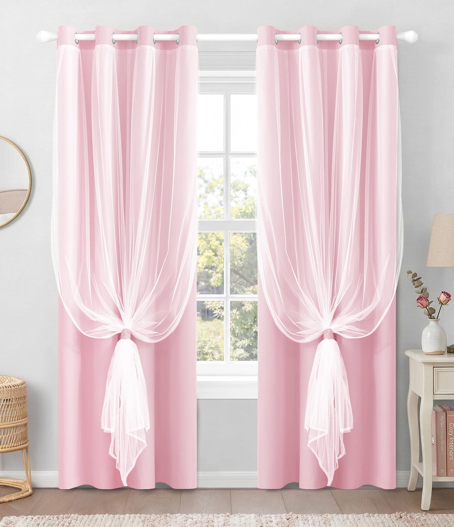 TopNaps 100% Blackout Curtains with Sheer Overlay, 2 Panels Thermal Insulated Double Layer Grommet Drapes for Girls Bedroom Living Room Darkening Apartment Windows Decor, 52" W x 84" L, Pink