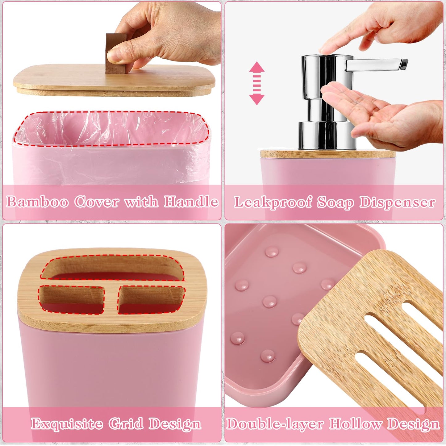XLHOMO Bathroom Sets with Shower Curtain and Rugs, 27PCS Pink Bathroom Accessories Set with Trash Can, Pink Shower Curtain Set, No Slip Super Absorbent Bathroom Rugs