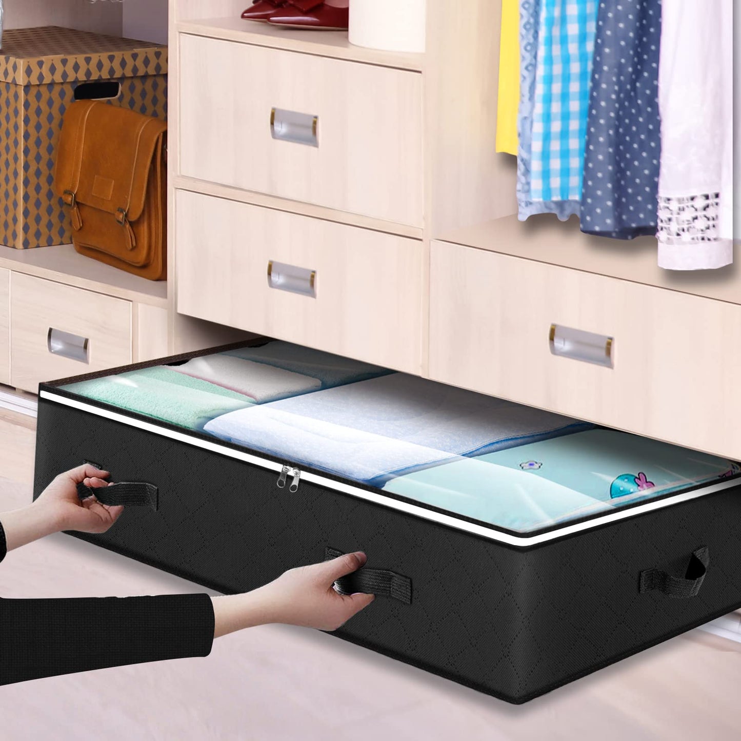 Budding Joy 90L Under Bed Storage Containers, Closet Organizers and Storage Bins, Foldable Underbed Storage Bags for Blankets, Towels, Comforter, Sweaters, Pillows, Linen Sheets, Wrapping Paper，Black