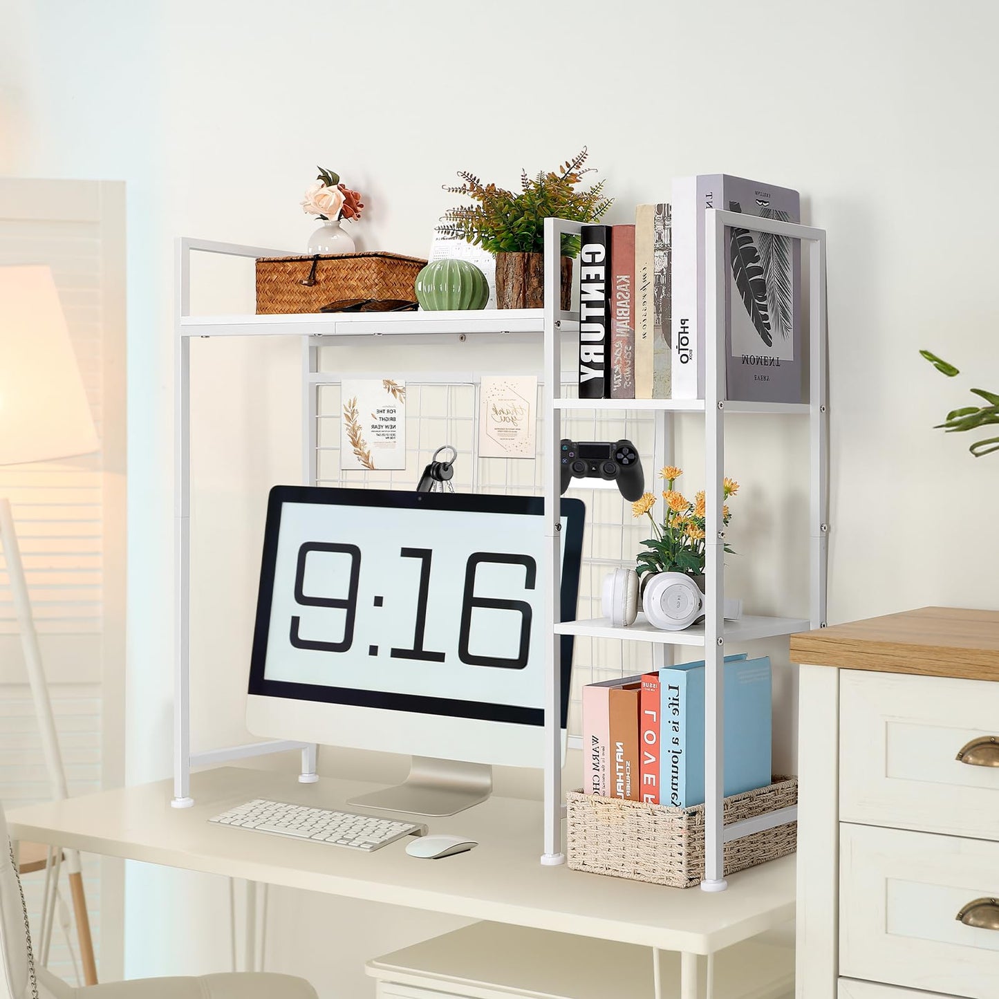 YBING Desk Shelf, 37.4" Desktop Organizer Shelf, Desk Hutch for Computer Monitor, Display Bookcase Rack with Grid Panel, Wood Desktop Bookshelf for Home Office, White