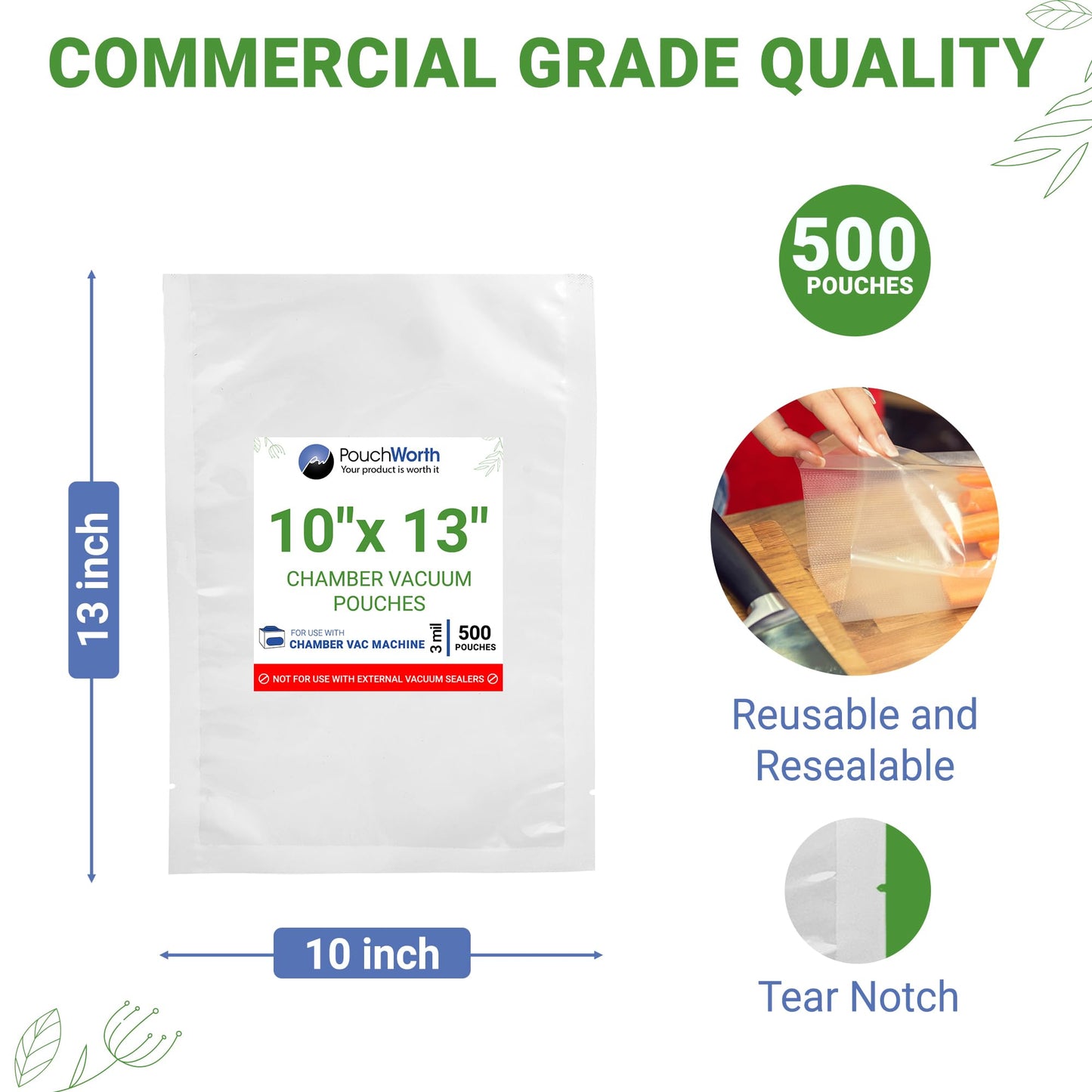PouchWorth 500 pcs Clear 10" x 13", 3 mil Chamber Machine Pouches, Pre-Cut Chamber Vacuum Sealer Bags, Heavy Duty Seal Pouch, BPA-Free Chamber Sealer Bags with Tear Notch