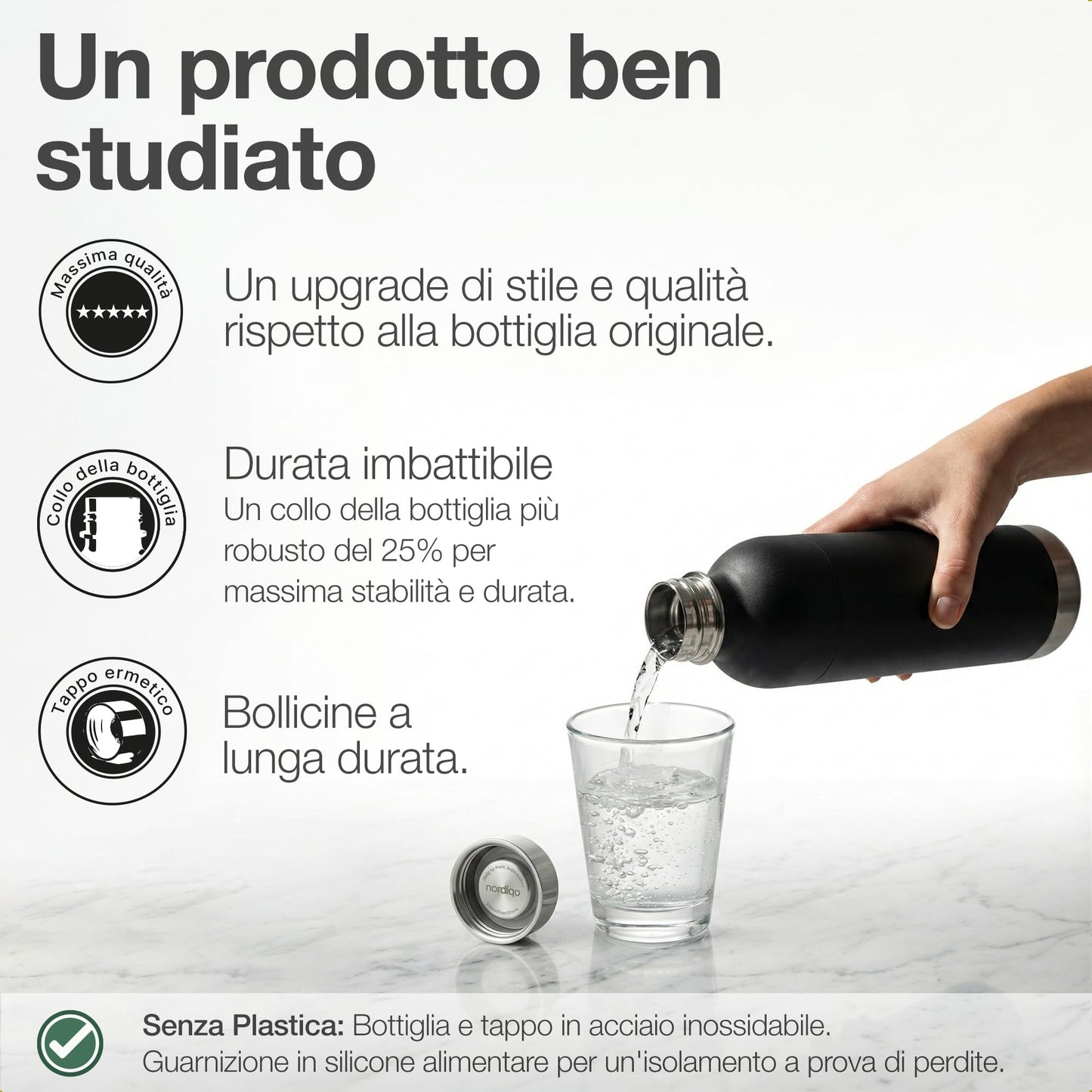 Nordiqo Stainless Steel Carbonating Bottle 33 oz | Compatible with Aarke Carbonator 3, SodaStream Duo & Plastic Bottles | Not for models Aqua Fizz & Jet | No Expiry | Plastic-Free