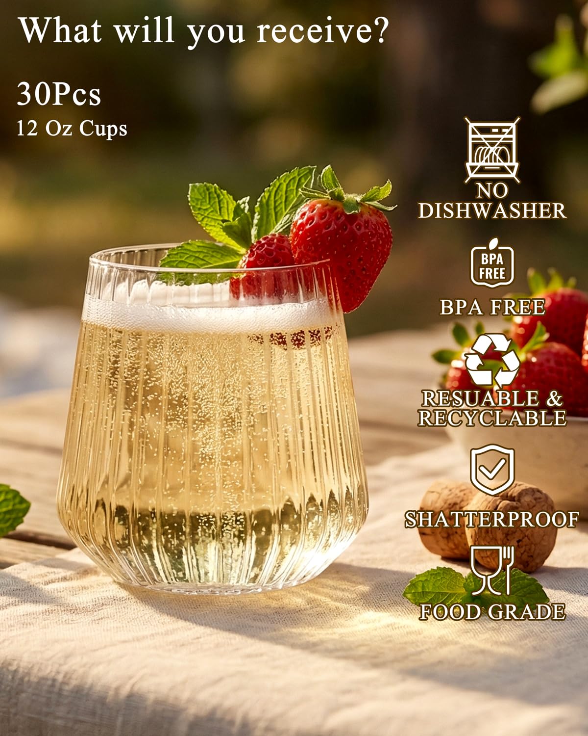 Ciaell 30 Pack Plastic Ribbed Wine Glasses - 12 OZ Thicker Origami Stemless Disposable Wine Champagne Whiskey Unbreakable Cocktail Glass, Reusable Wine Cups for Party Wedding Bar