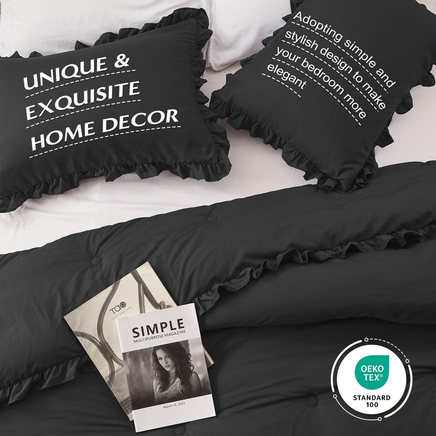 HARBOREST Queen Comforter Ruffle Black, Fluffy Queen Bedding, 3 Pieces Shabby Chic Comforter Set(1 Comforter & 2 Pillow Shams)