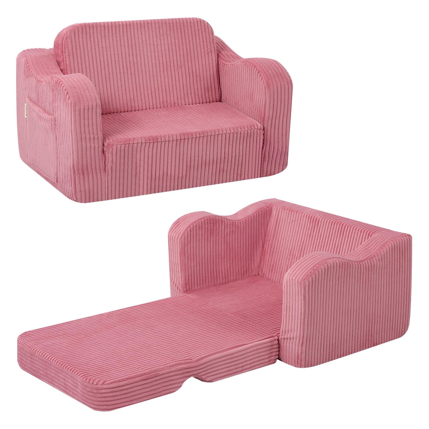 MeMoreCool Corduroy Pink Kids Chair, 2-in-1 Kids Couch Fold Out to Lounger for Girls, Comfy Foam Sofa for 1-3 Year Old with Washable Cover for Playroom and Bedroom