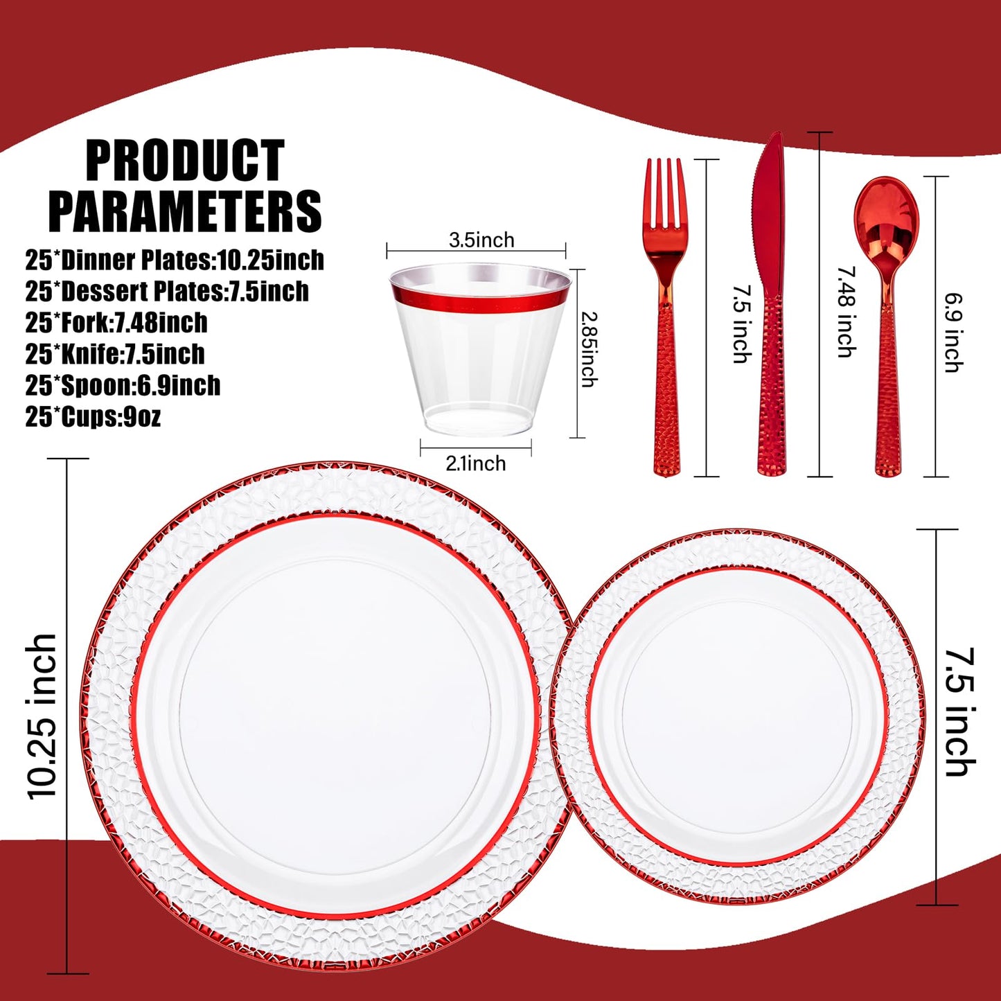 Ciaell 150 PCS Red Plastic Plates – Clear Hammered Disposable Plates with Red Rim include 50Plates, 25Forks, 25Knives, 25Spoons, 25Cups for Wedding & Party & Anniversary