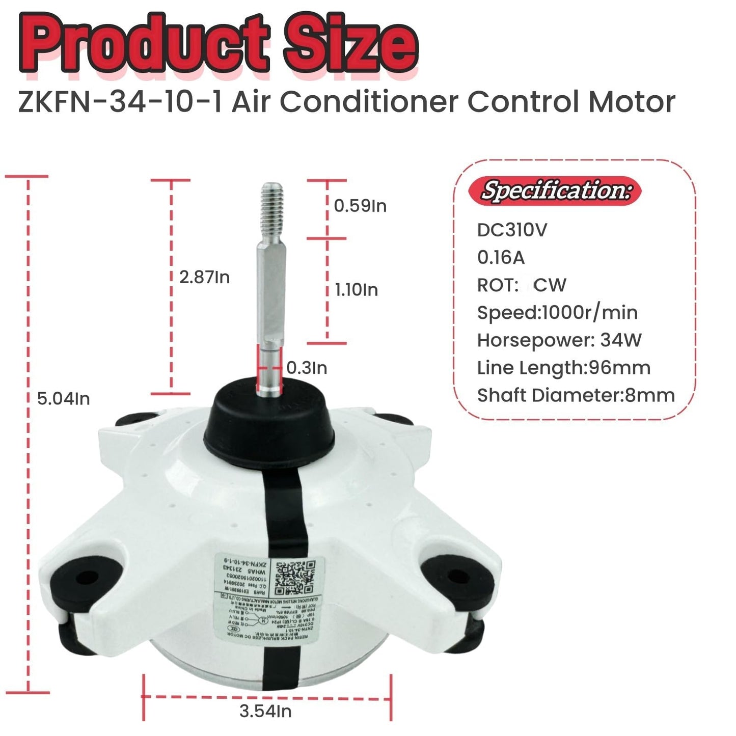 ZKFN-34-10-1 Air Conditioner Control Motor Brushless DC Motor DC310V 34W 0.16A 1000r/min,Variable Frequency air Conditioning External Fan Replacement Parts,Connector: 3-Wire,Rot:CW