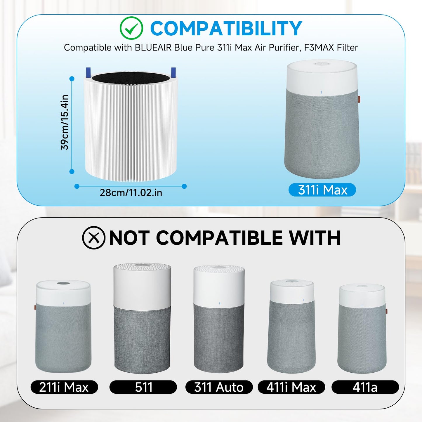 311i Max Replacement Filter Compatible with Blueair Blue Pure 311i Max Air Purifier, 2 Pack H13 True HEPA with Activated Carbon Air Filter for Blue Pure 311i Max, Compare to part #F3MAX