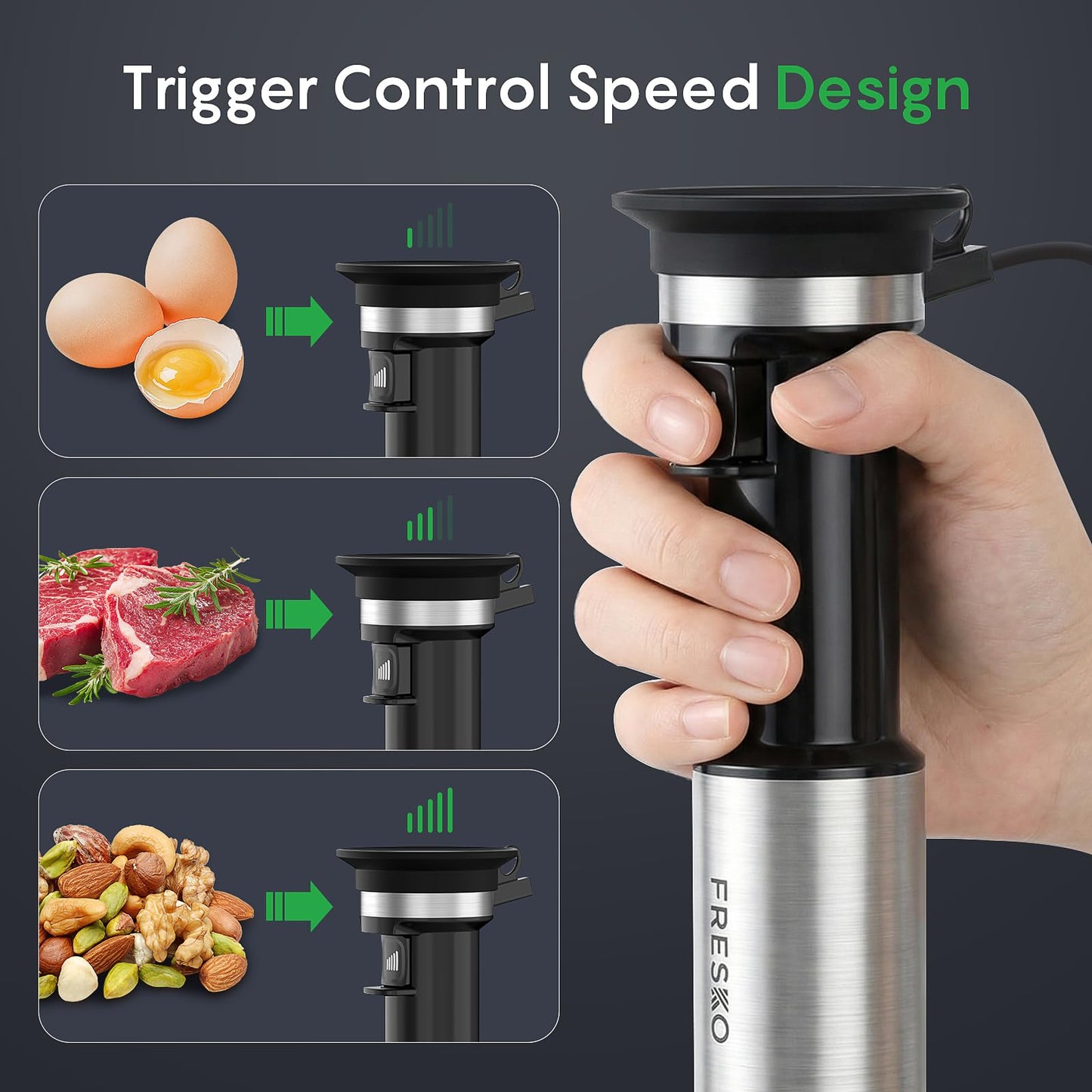 FRESKO Immersion Blender Handheld, Corded Hand Blender with Trigger Variable Speed, Anti-Scratch Stainless Steel Shaft, Stick Mixer for Soups, Shakes, Baby Food & Puree