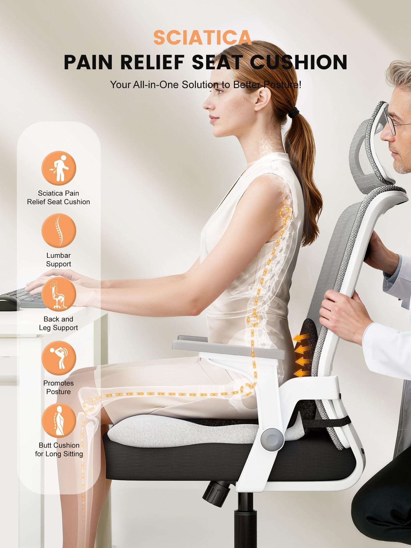 QEGOON Office Chair Seat Cushion for Long Sitting Workers - L-Shaped Ergonomic Memory Foam with Tailbone Support & Adjustable Strap