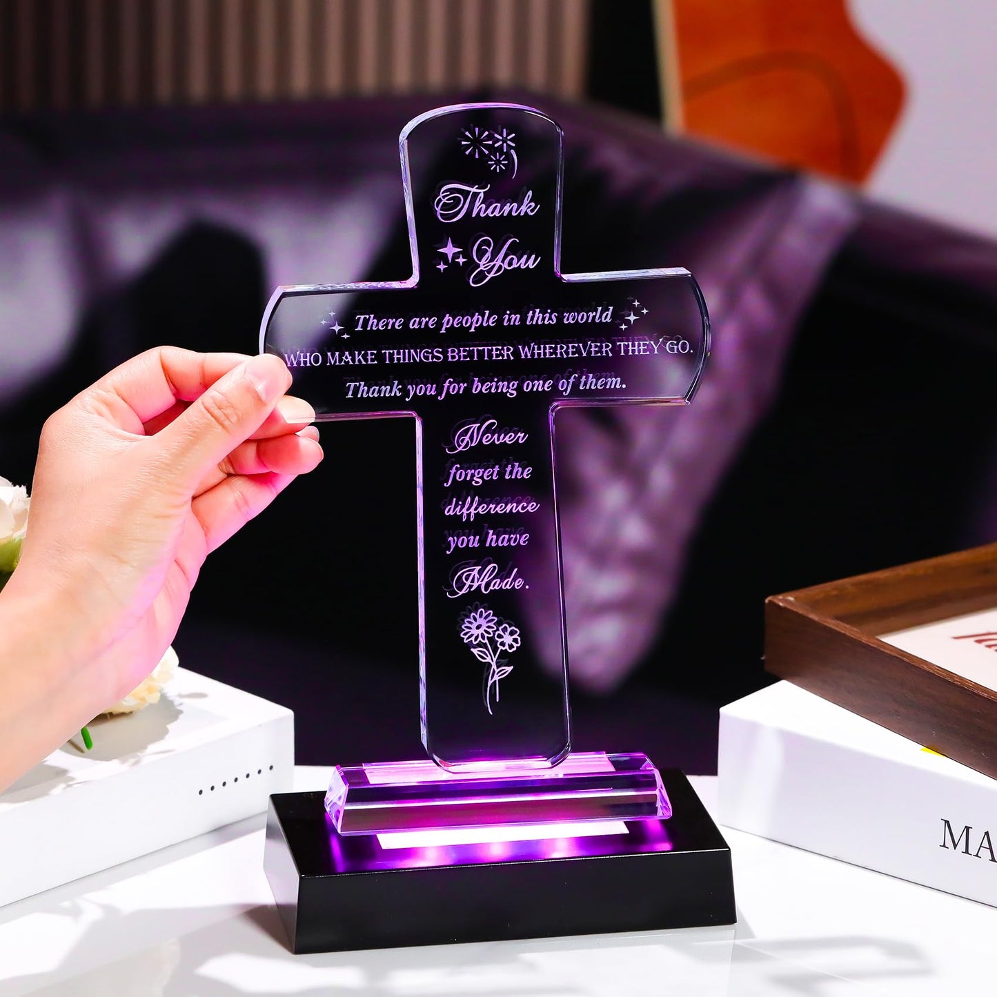 Movdyka Thank You Gifts for Women Men - Crystal Cross-Shaped Plaque with Light Base - Appreciation Inspirational Gift for Boss, Coworker, Teacher, Mentor, Mom, Friend, Doctor Grateful Present Ideas