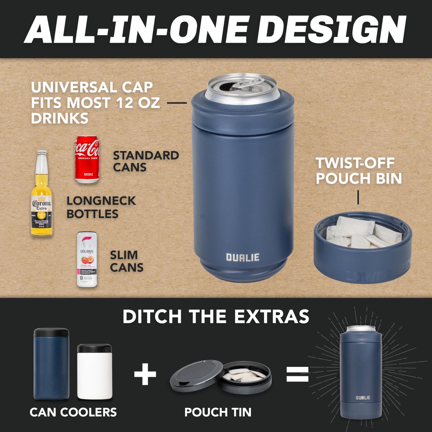 DUALIE Lower Deckie - Insulated 12 oz Can Cooler with Pouch Container - Universal Drink Holder with Built-in Pouch Bin - Navy