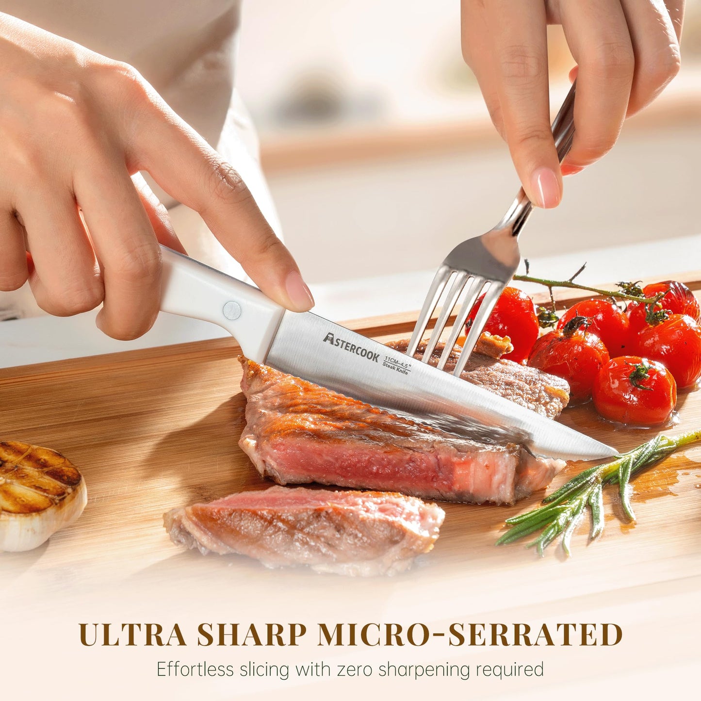 Astercook Steak Knives, Steak Knives Set of 8, High Carbon Stainless Steel Steak Knife Set with Full Tang Handle, Dishwasher Safe Serrated Knife, Elegant Cream White