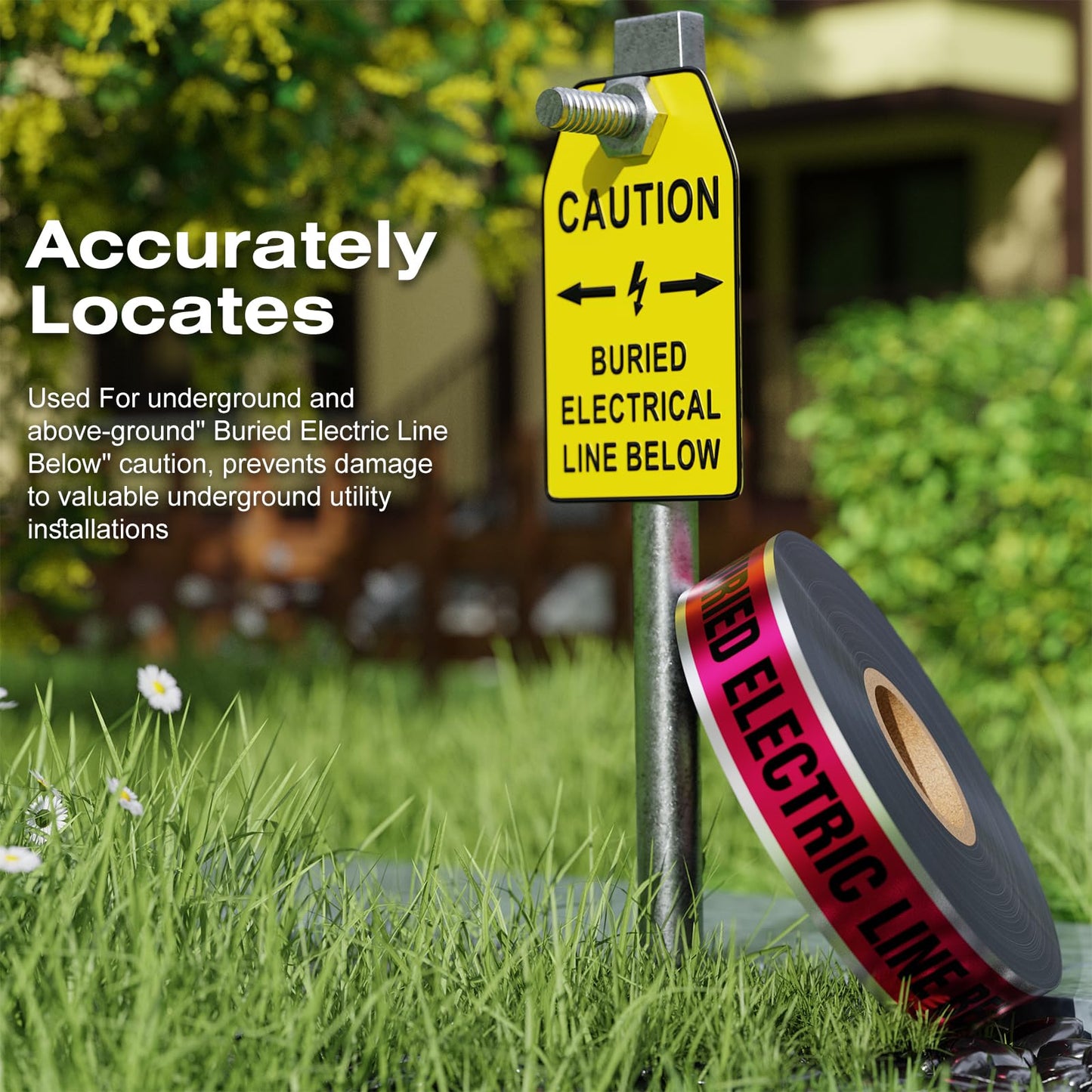 1000 Feet Caution Buried Electric Line Below Red/Black Print Safety Tape with Above-Ground Caution Tag, 2 Inch x Foot 5 Mil, Detectable 2-Inch