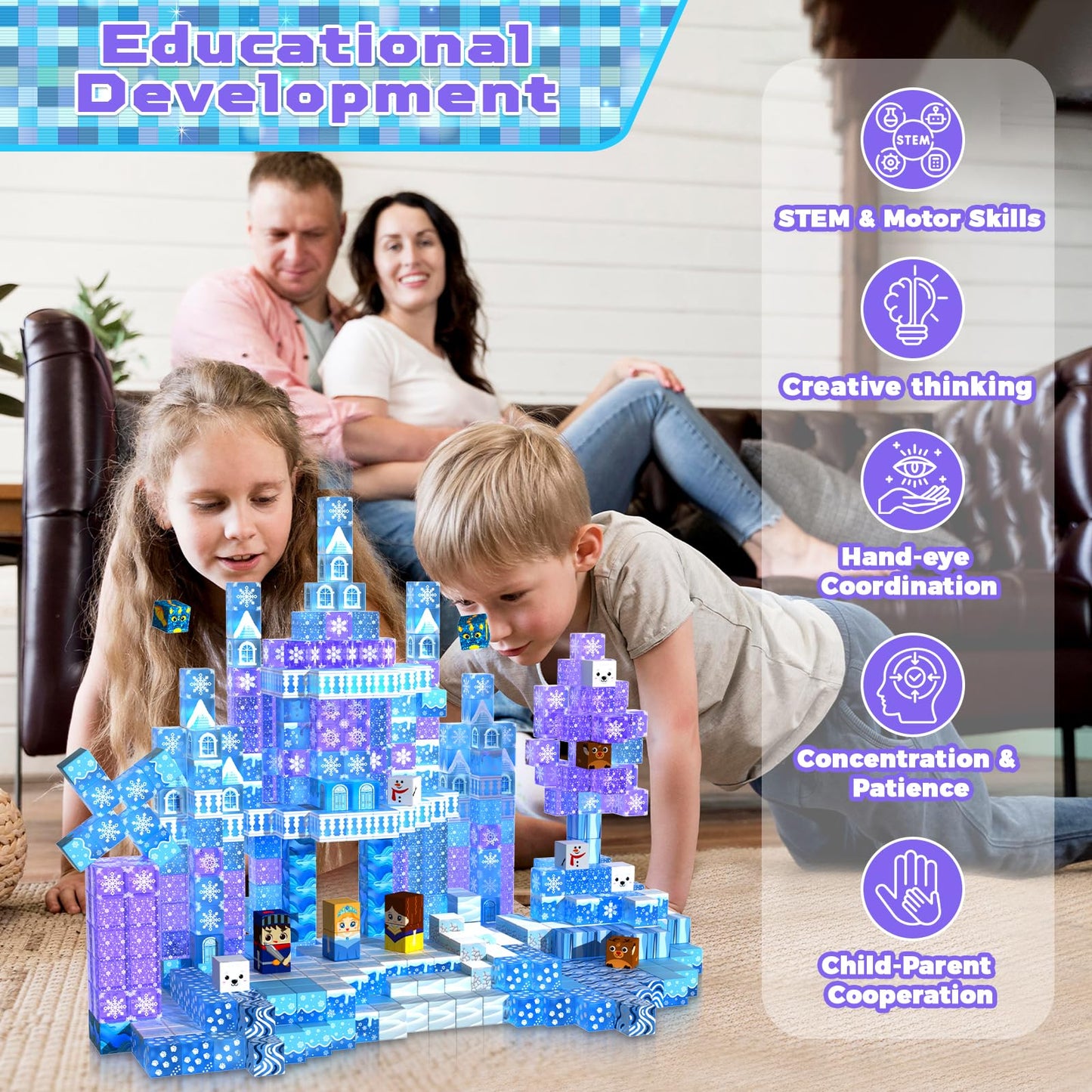 Magnetic Blocks - 100Pcs 0.8in Magnetic Building Block for Kids Ages 4-8, Transparent Magnet Block for Blue Princess Castle Build, Magnet Cubes Tiles Princess Toy for Girl 3 4 5 6 7 8-12 Birthday Gift