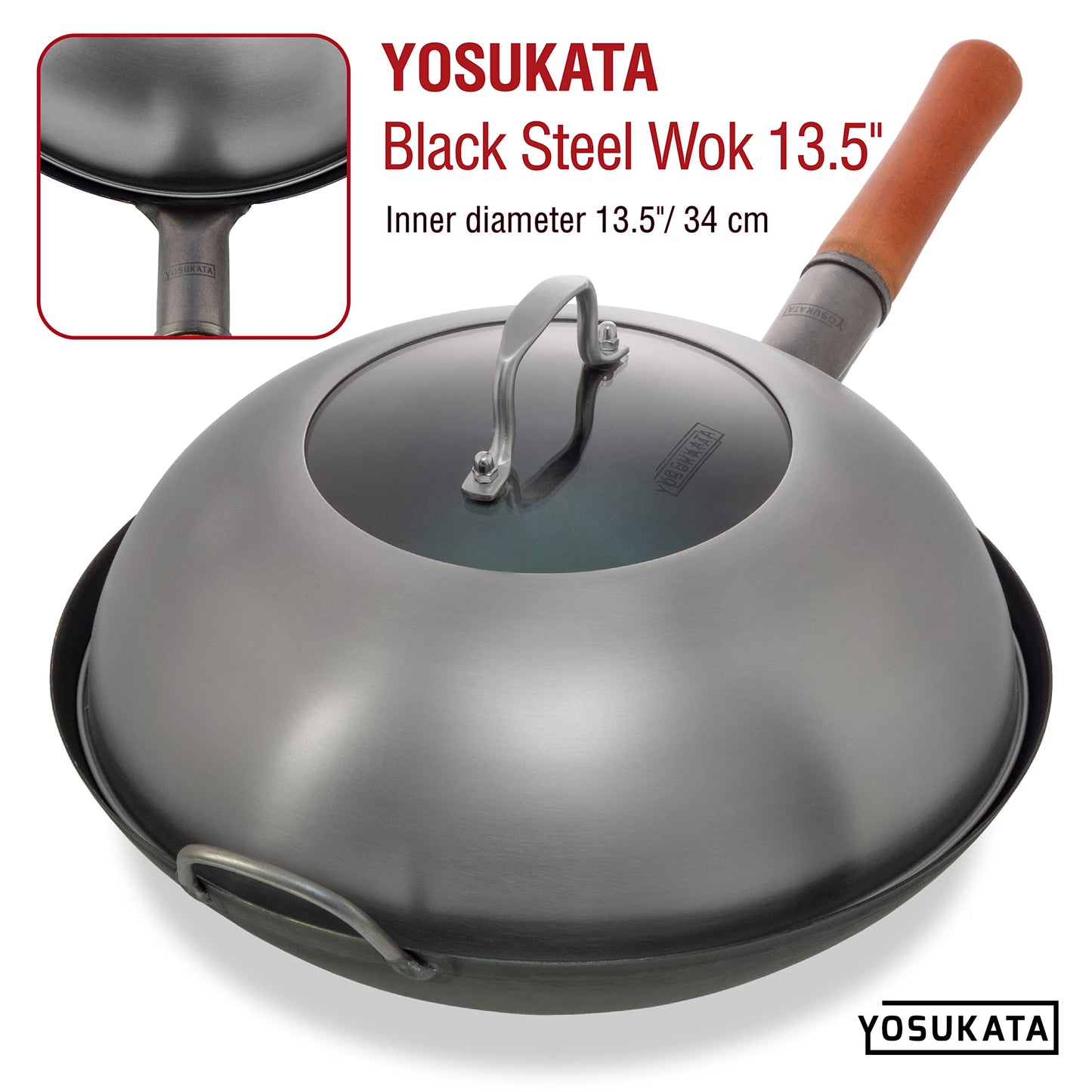 YOSUKATA Wok Lid 12.8 In for 13.5-In Wok - Premium Stainless Steel Cover with Tempered Glass Insert Steam Holes and Ergonomic Handle - Durable Stainless Steel Accessories - Dishwasher-Safe