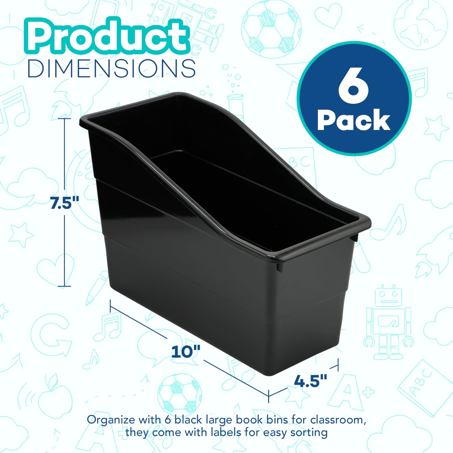 4E's Novelty 6 Durable Book and Binder Holder, Files Book Bins for Classroom, Plastic Vertical Storage Book Organizer Folder Office Classroom Organization Containers Supplies (Black)