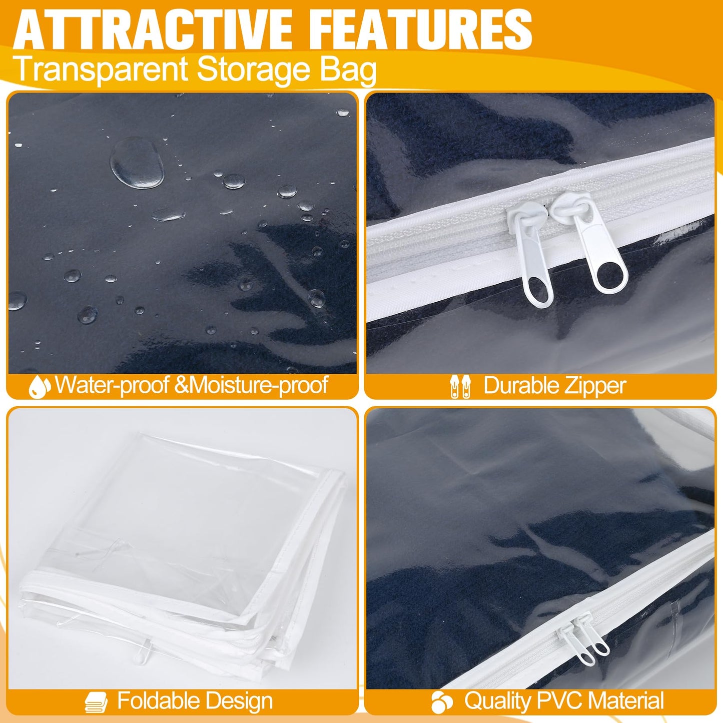 Plastic Storage Bags with Easy-Glide Zipper, Pack of 6, Durable Clear Vinyl Zippered Storage Bags for Clothes Sweaters Comforters Blankets Sheets Bedding (15.7 x 13.8 x 3.9 Inch, White)