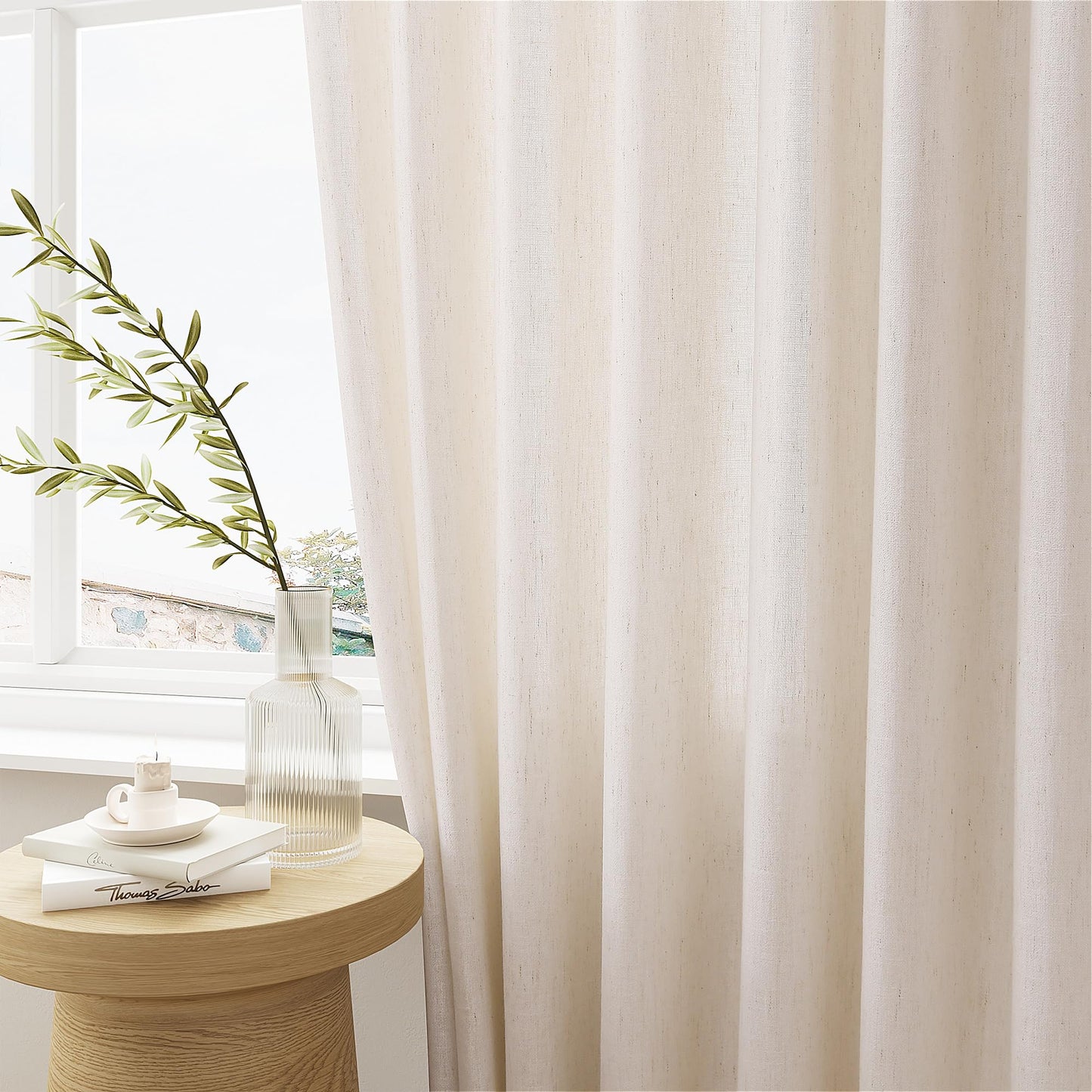 Pinch Pleated Extra Wide Linen Curtains 84 Inches Long for Patio Sliding Glass Door Cream Ivory 72 Inch Wide Pleated Drapes with Hooks Rings Neutral Natural Semi Sheer 72x84 Curtain for Living Room