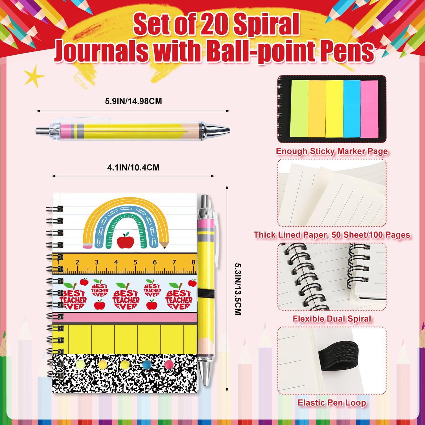40 Pcs/20 Set Teacher Appreciation Gifts Inspirational Bulk Spiral Notebook Thank You Gift for Teachers from Students Best Teacher Spiral Notebooks with 20 Pens for Office School Teacher's Day