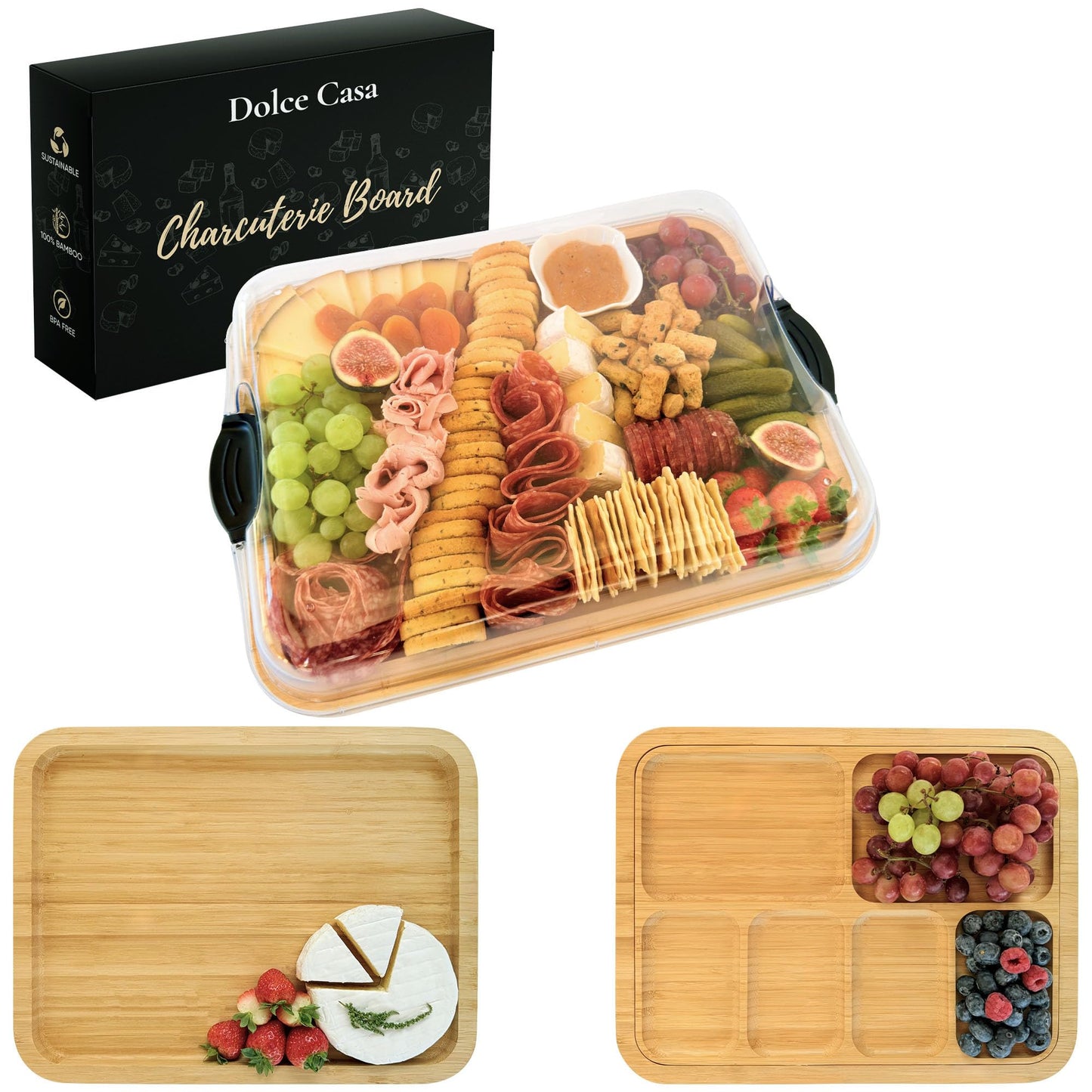 Dolce Casa Charcuterie Board with Lid 3-in-1, Portable Bamboo Serving Tray with Lid & Removable Snack Tray for Cheese, Fruit, Food - Covered Cheese Platter for Picnic, Travel, Ready-to-Gift