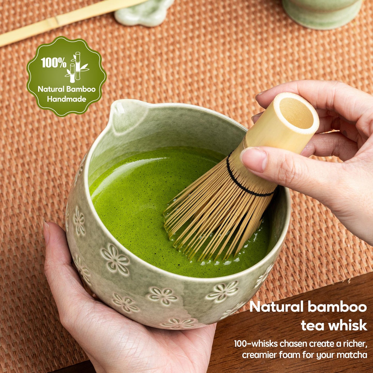 Veraelle Matcha Whisk Set, Ceramic Matcha Set, 6 Pcs Matcha Kit Includes Matcha Bowl, Matcha Whisk with Holder, Bamboo Scoop, Scoop Rest, Sifter, Ceremonial Matcha Tea Set, Perfect Gifts, Green