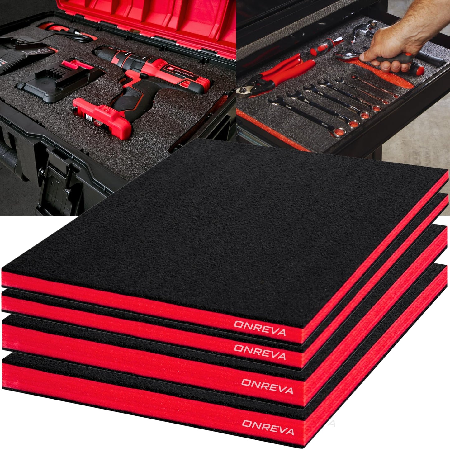 ONREVA Tool Box Foam 4Pack 2pc 18x12x2in & 2pc 18x12x1in, Foam Inserts for Cases, Polyethylene Storage Sheets for Toolbox Hard Case, Tool Shadow Insert, Kaizen Organizer Sheet, Black with Red