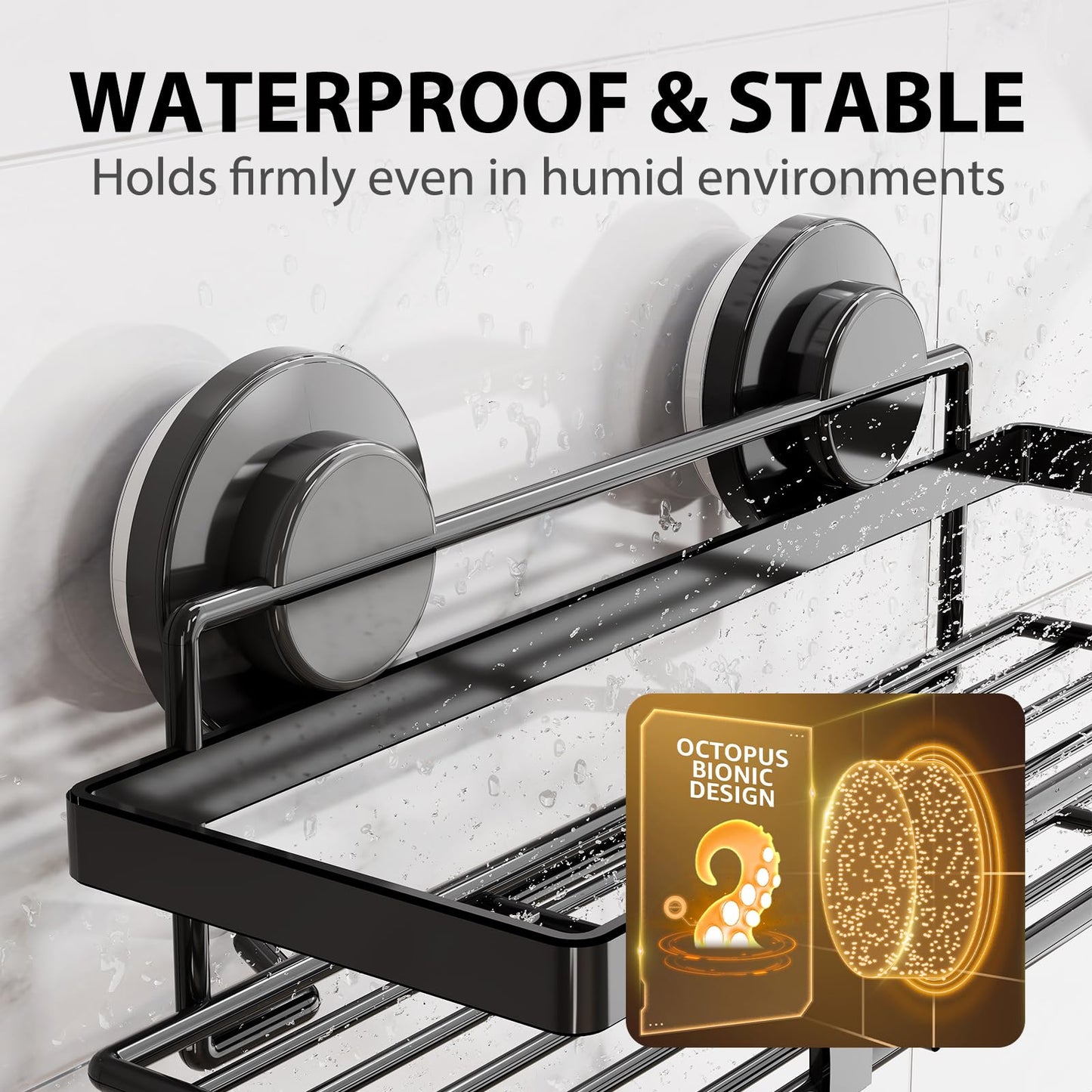 LEVERLOC Shower Caddy Suction Cup, 2 Pack Shower Shelves for Inside, Black Rustproof Metal Bathroom Storage NO-Drilling Bathroom Organizer with Large Capacity, Heavy Duty Storage Basket