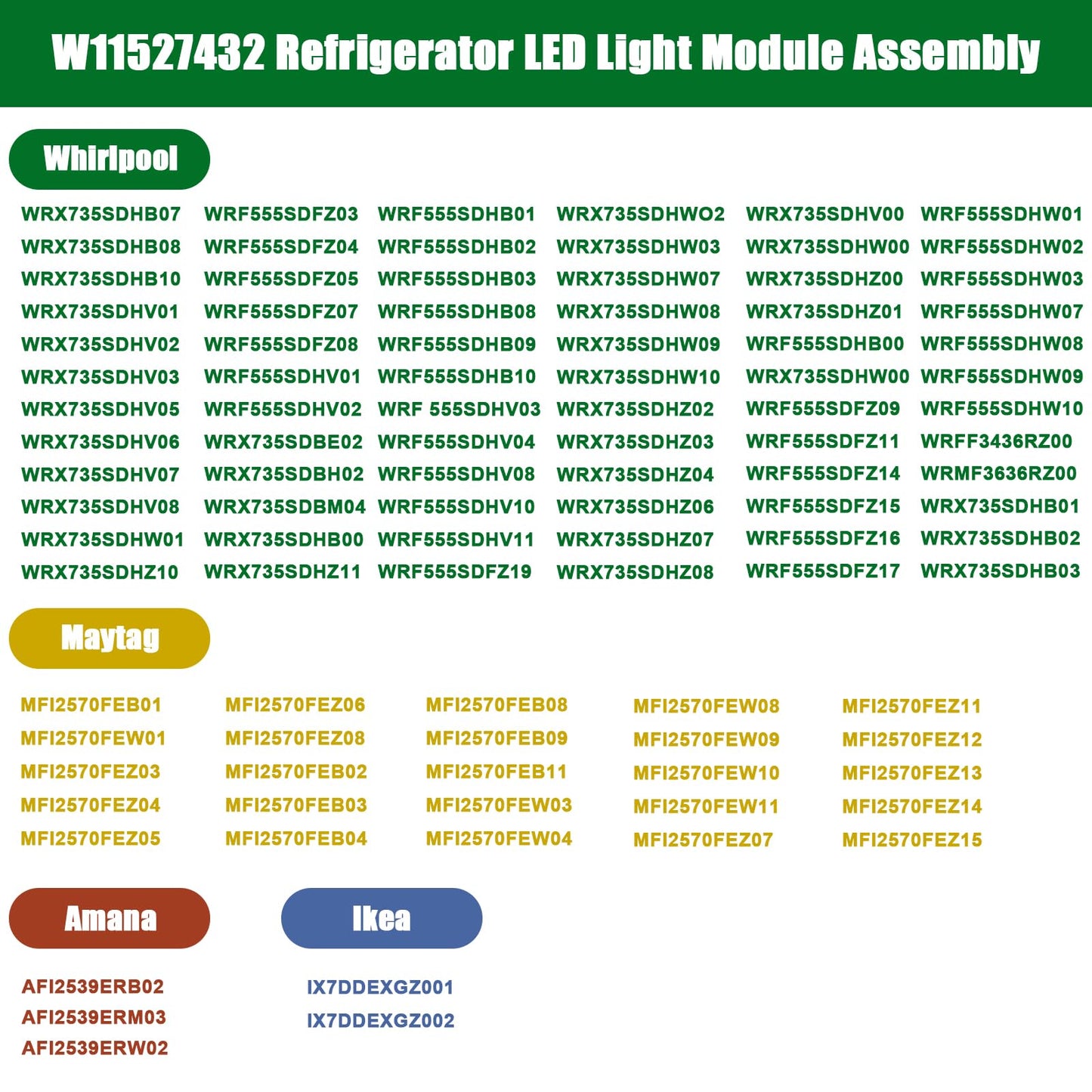 W11527432 Refrigerator Led Light Replacement Fit For Whirlpool Maytag Amana Fridge Light Module Replacement W11101384 W11333374 W11387579 W11042554 WRX735SDHZ02 WRX735SDHZ03 Light