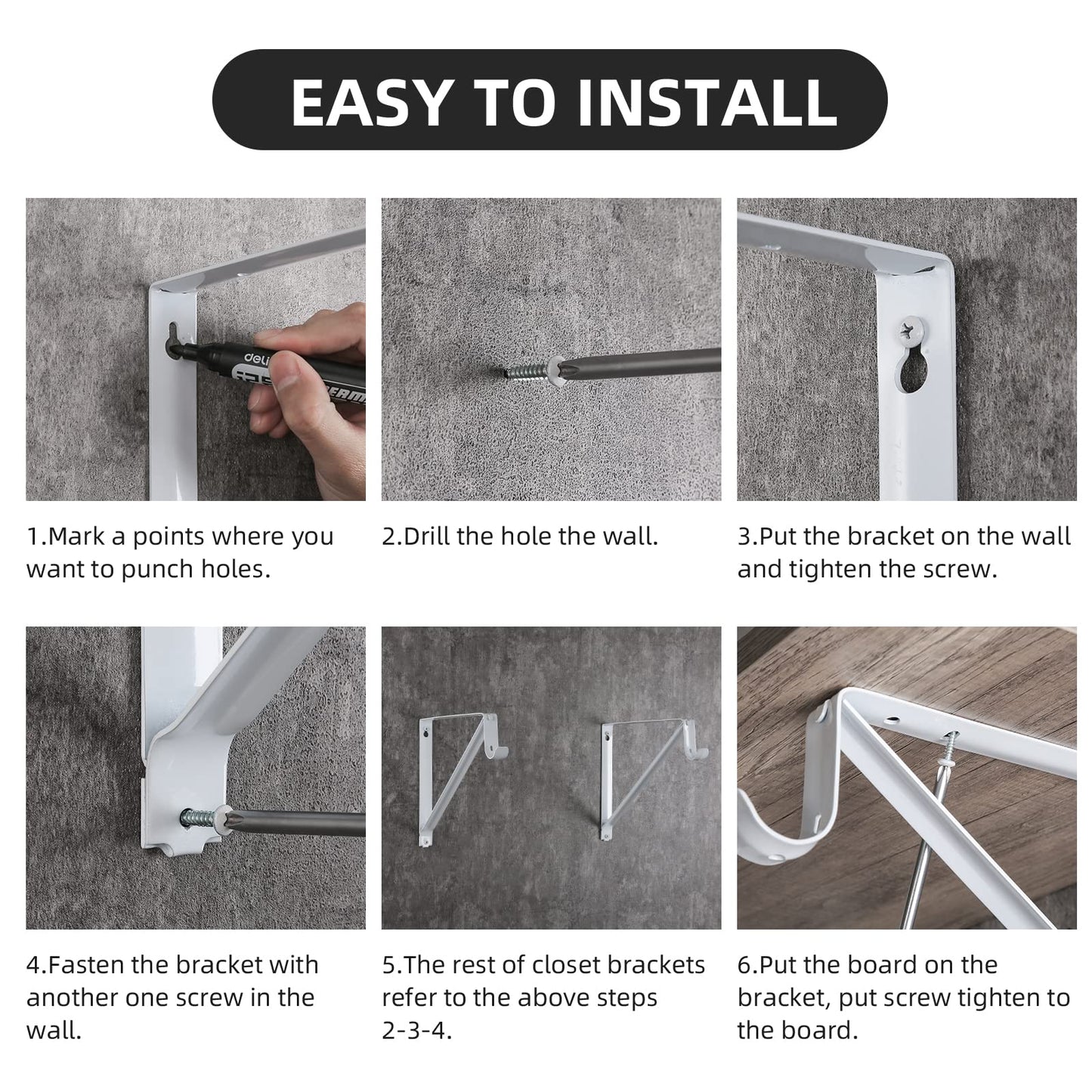 HOME MASTER HARDWARE Heavy Duty Closet Shelf Rod Brackets Supports 250lbs, Wall Mounted Closet Shelves Bracket with Rod Shelving Support, White with Screws 10-Pack