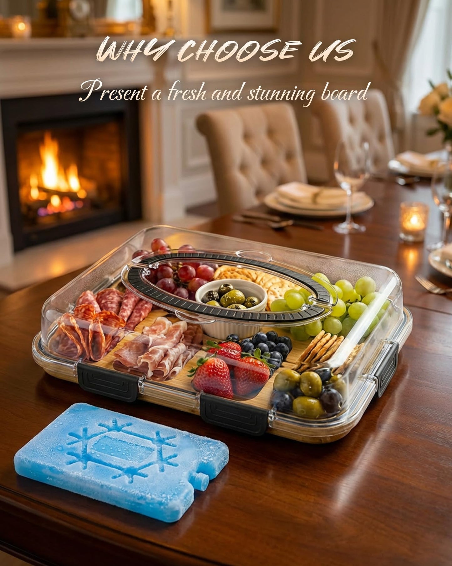 Charcuterie Board with Lid & Ice, Upgraded 6 Snap Laches, Sauce Cup Included, Large Portable Cheese Tray with Handle, Serving Tray for Picnic & Pool, House Warming Gifts New Home (Black)