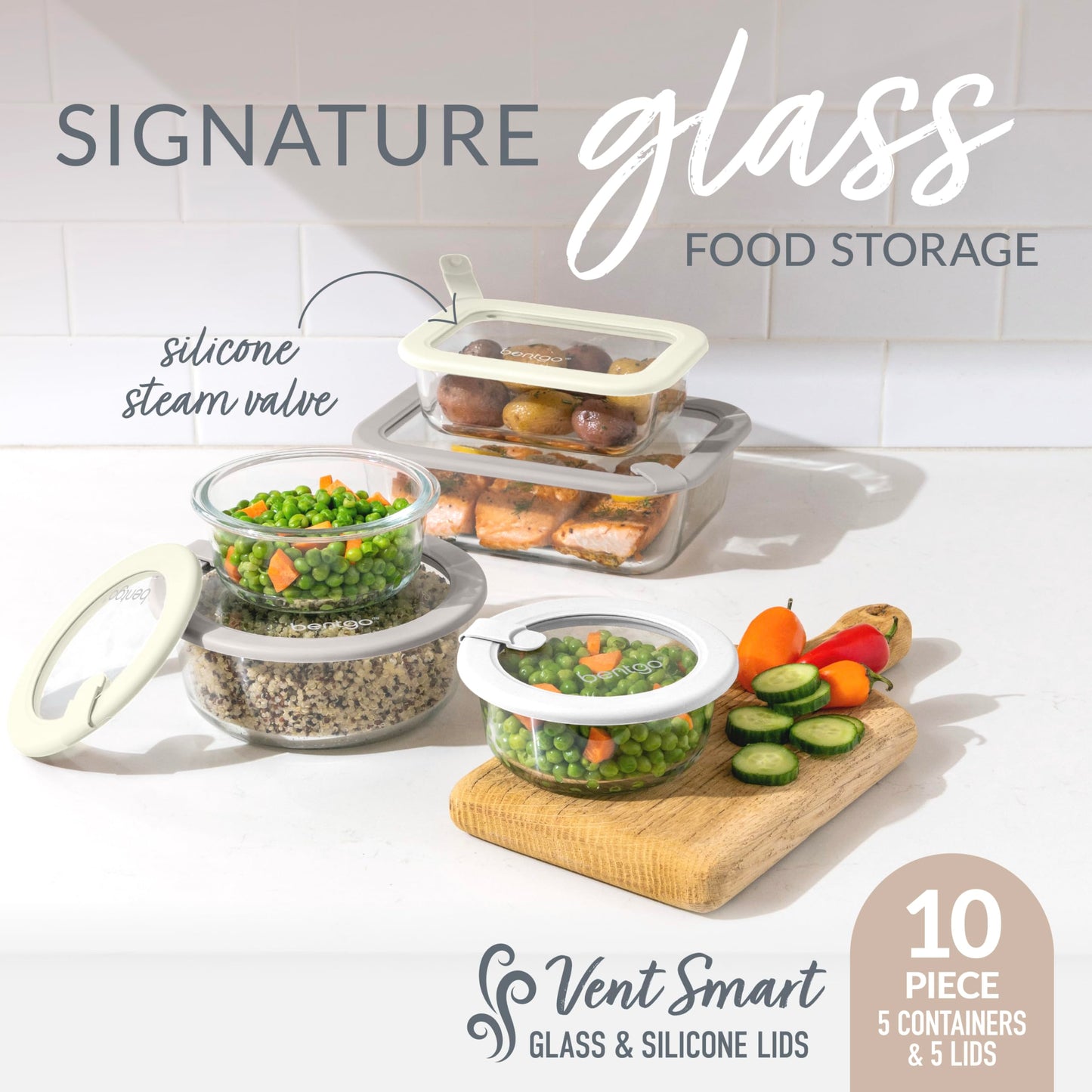 Bentgo Signature Leak-Proof Glass Food Storage - 10-Piece Set, 1-Compartment Plastic-Free Containers with Airtight Glass Lids, BPA-Free, Microwave, Freezer, Oven & Dishwasher Safe (White Stone)